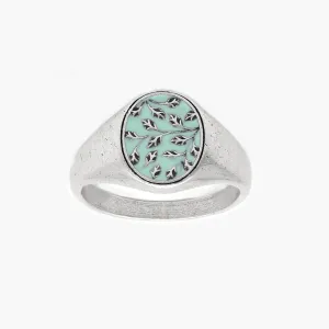 Sterling Silver Floral Oval Signet Ring With Enamel