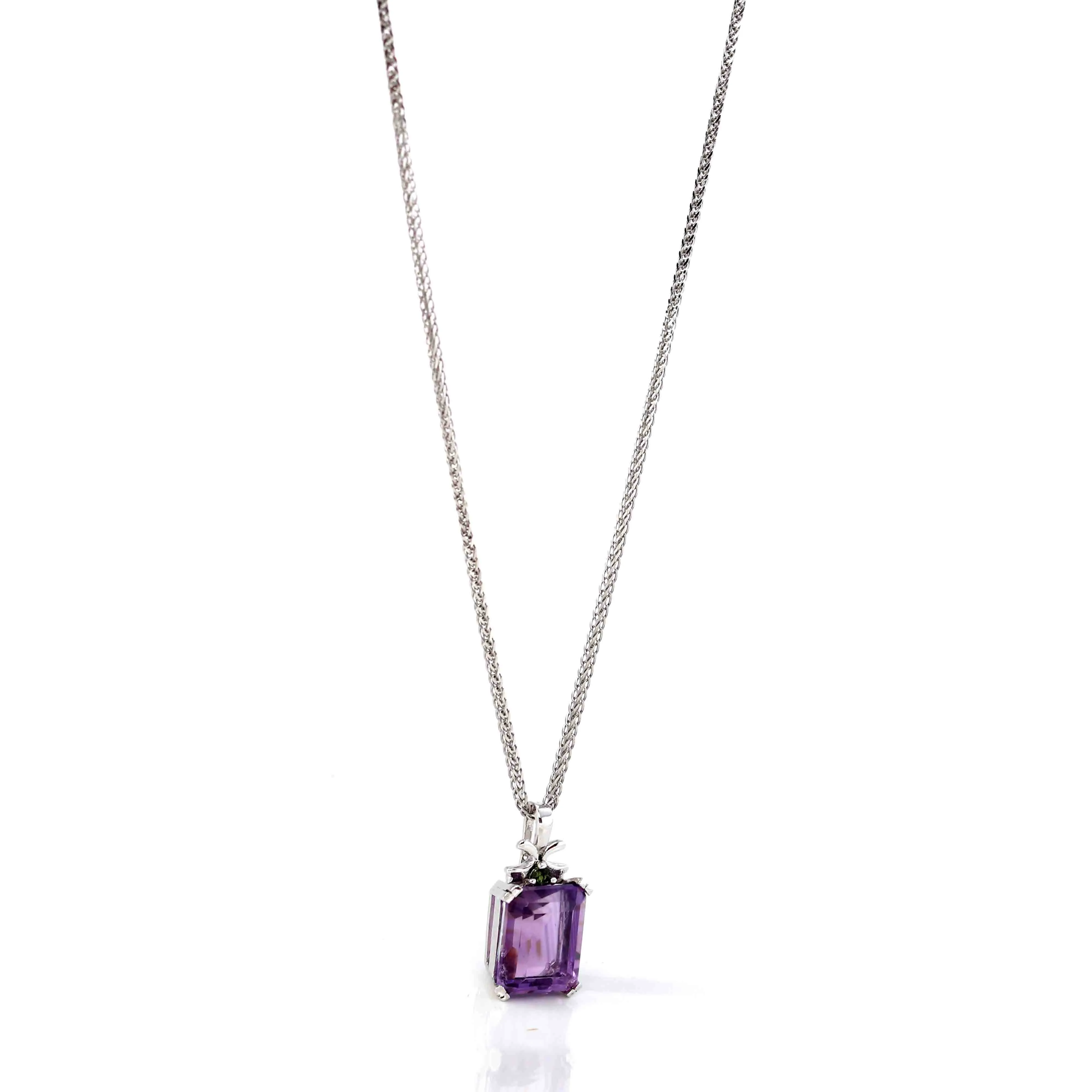 Sterling Silver Natural Amethyst Emerald Cut Pendant Necklace With CZ