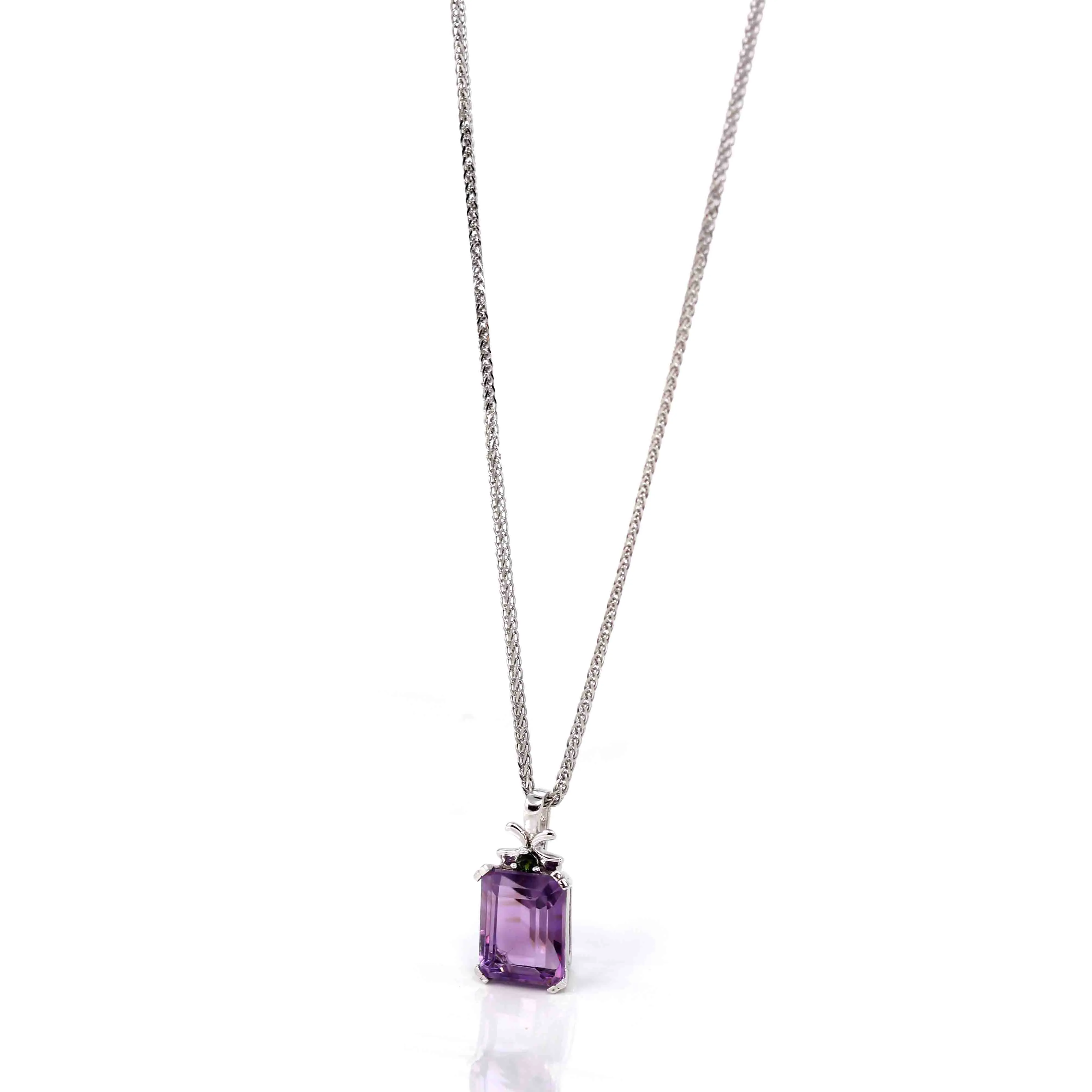 Sterling Silver Natural Amethyst Emerald Cut Pendant Necklace With CZ