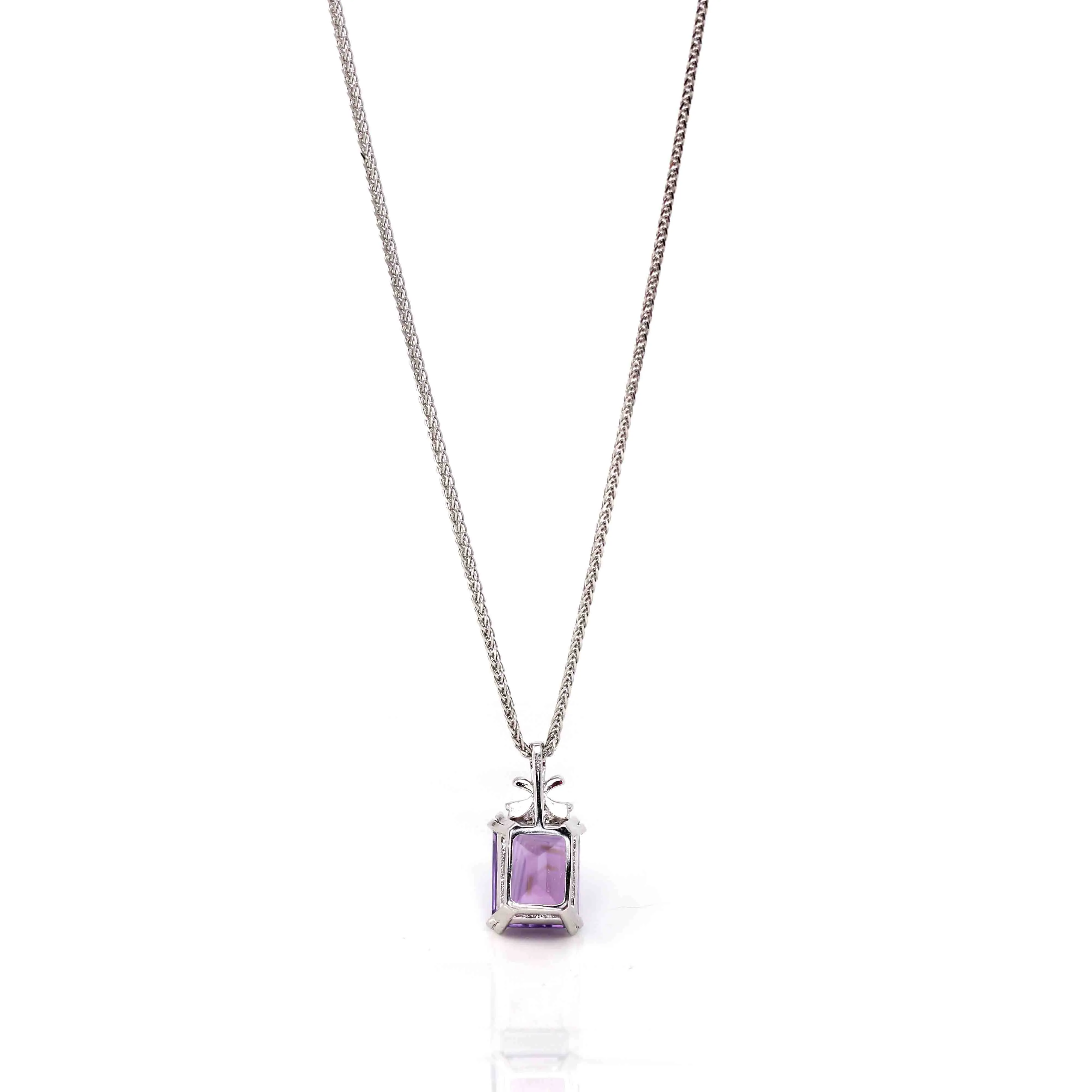 Sterling Silver Natural Amethyst Emerald Cut Pendant Necklace With CZ