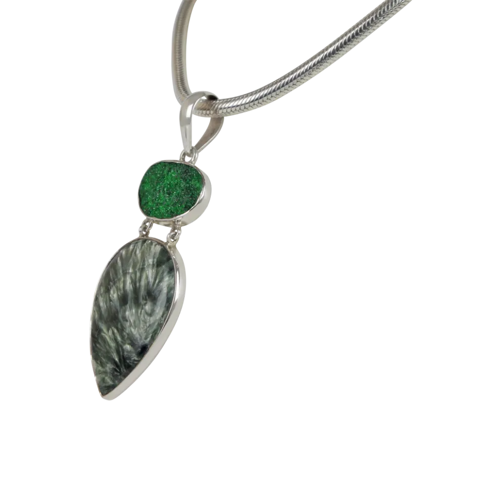 Sterling Silver Pedant with a Very Beautiful Seraphinite Pendant Accent With a Sparkling Uvarovite