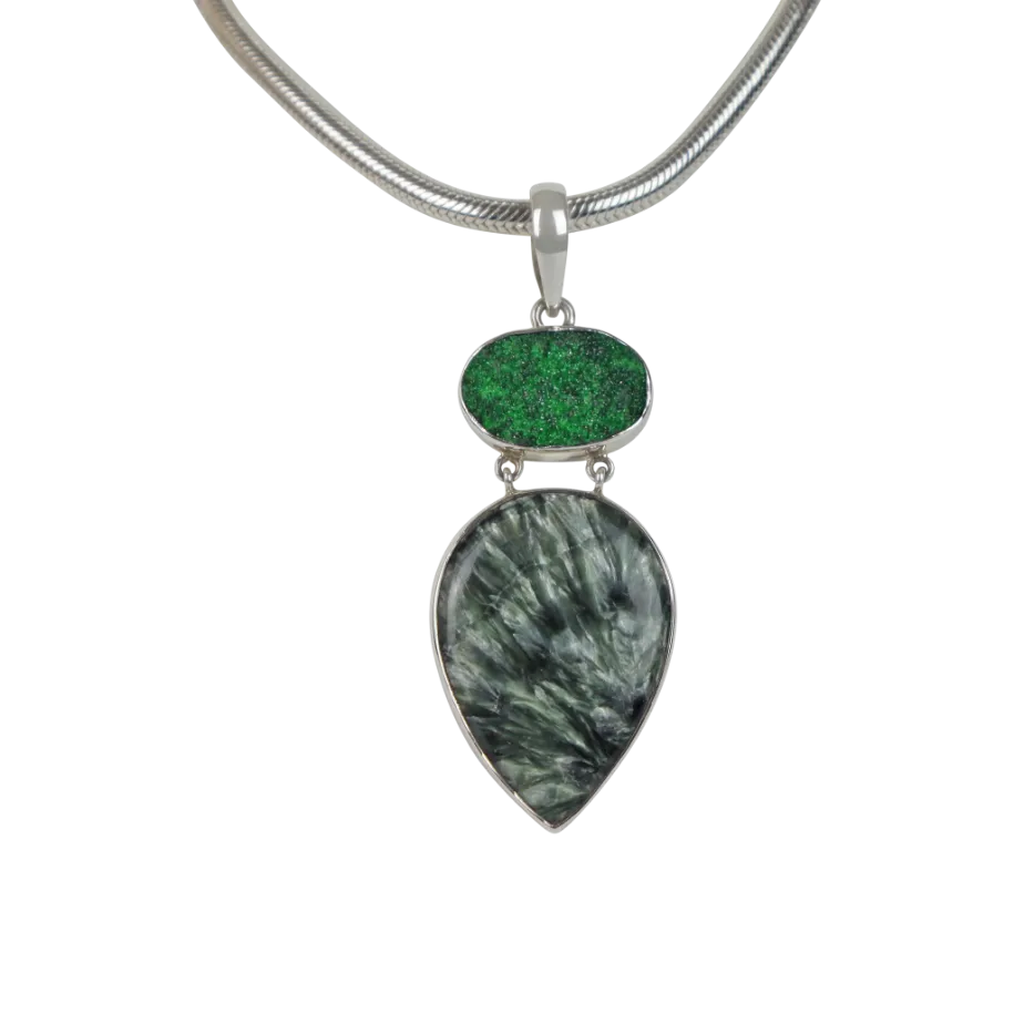 Sterling Silver Pedant with a Very Beautiful Seraphinite Pendant Accent With a Sparkling Uvarovite