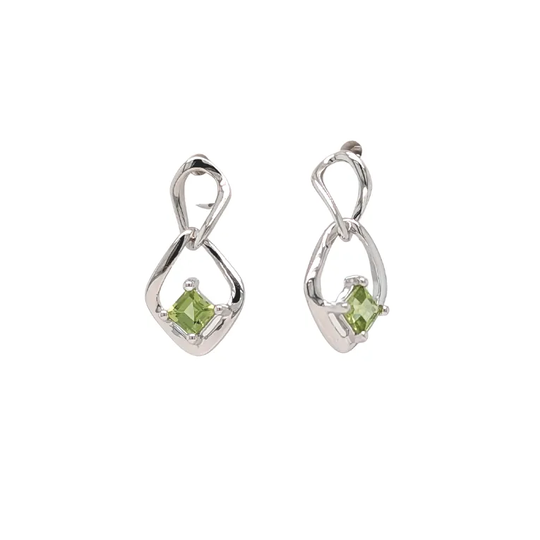 Sterling Silver Peridot Dangle Earrings Princess Cut