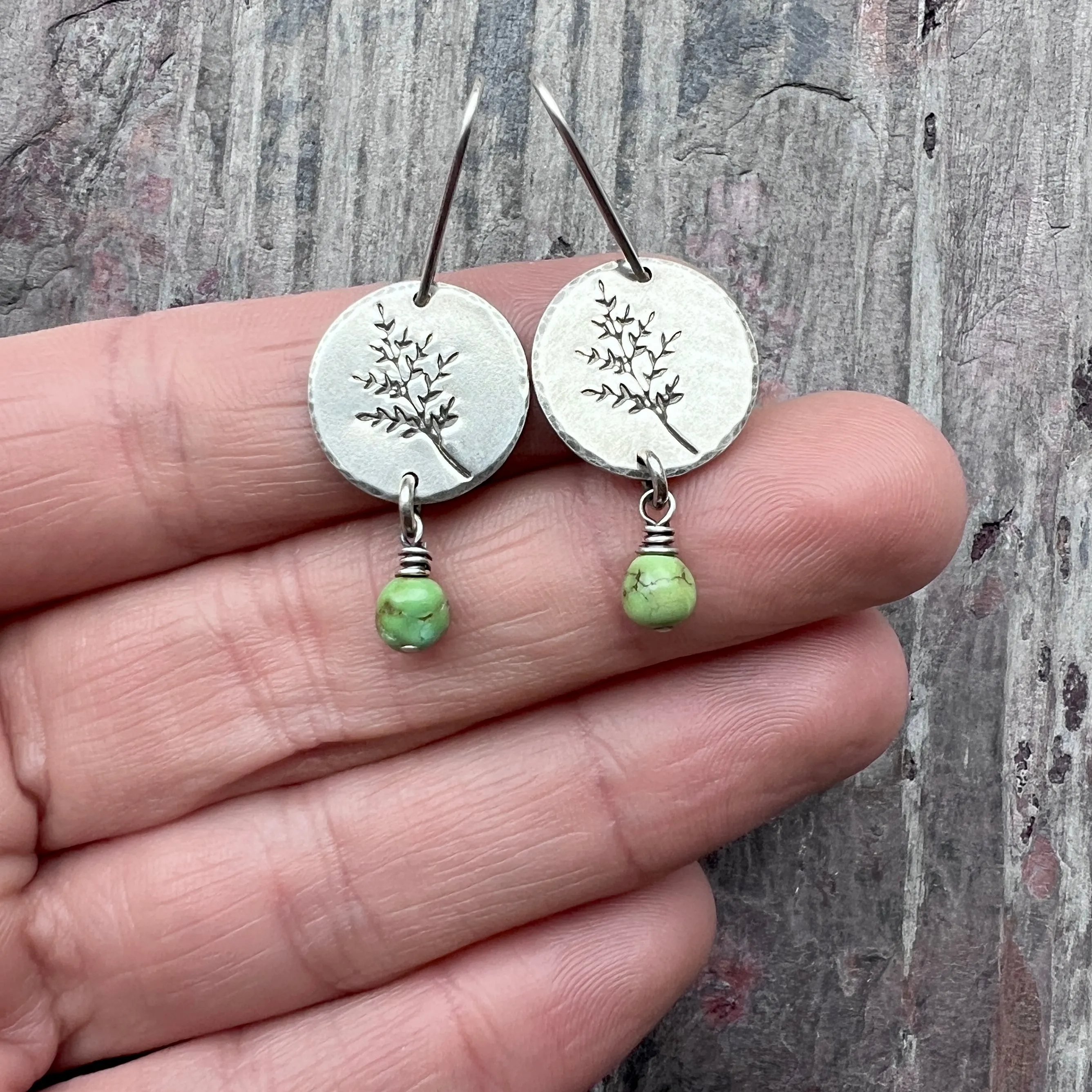 Sterling Silver Turquoise Earrings | Sprig Leaf Dangle Earrings with Genuine Turquoise Beads