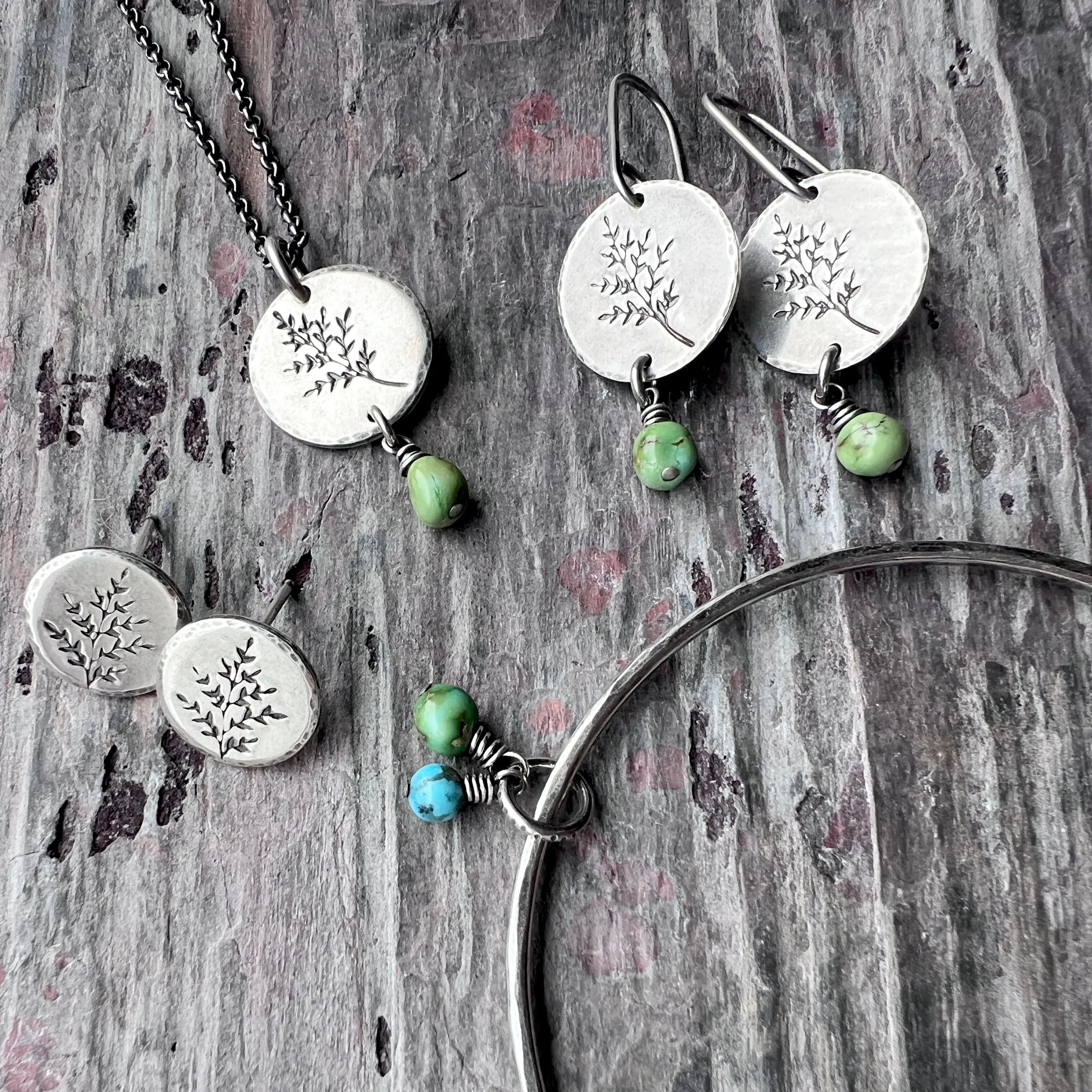 Sterling Silver Turquoise Earrings | Sprig Leaf Dangle Earrings with Genuine Turquoise Beads
