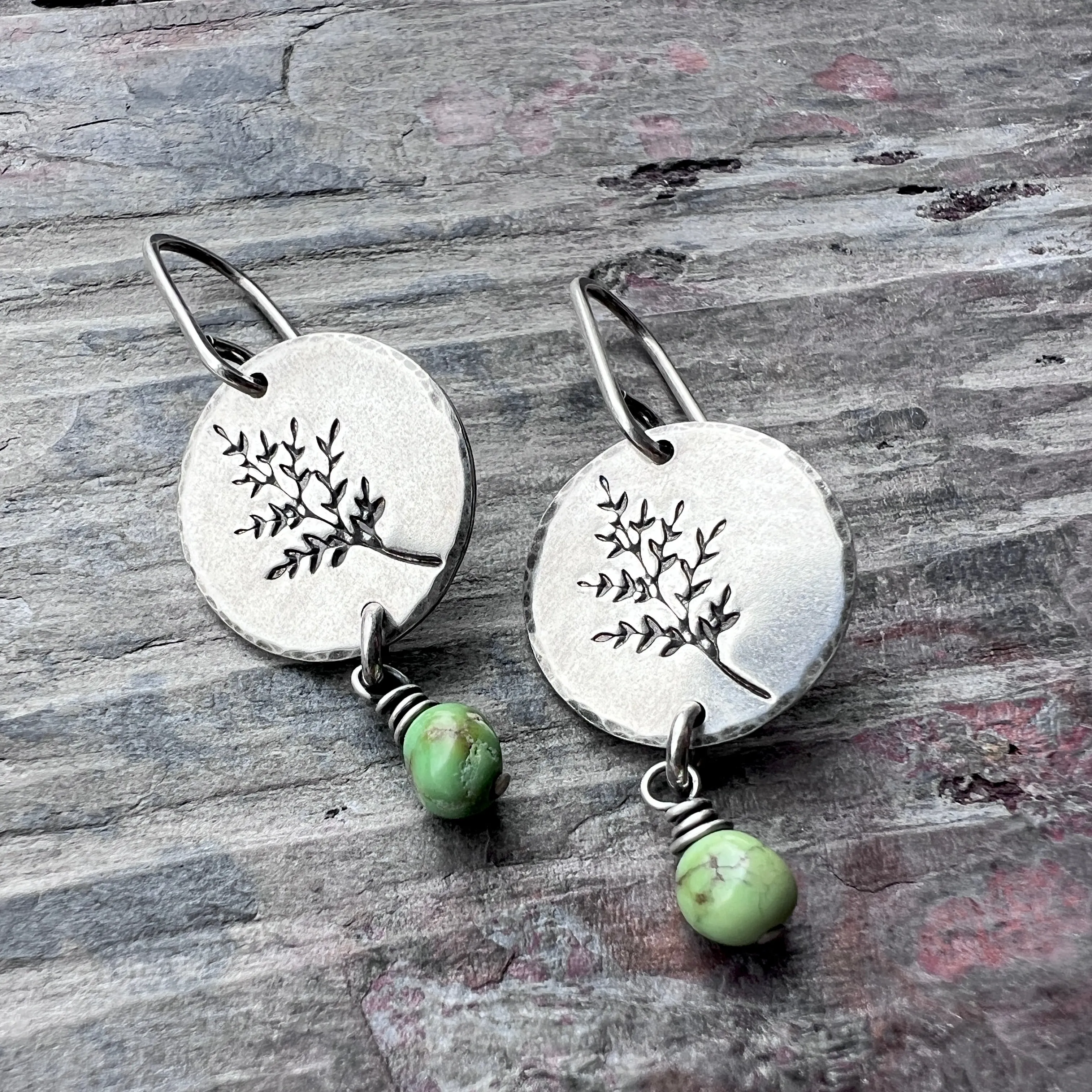 Sterling Silver Turquoise Earrings | Sprig Leaf Dangle Earrings with Genuine Turquoise Beads
