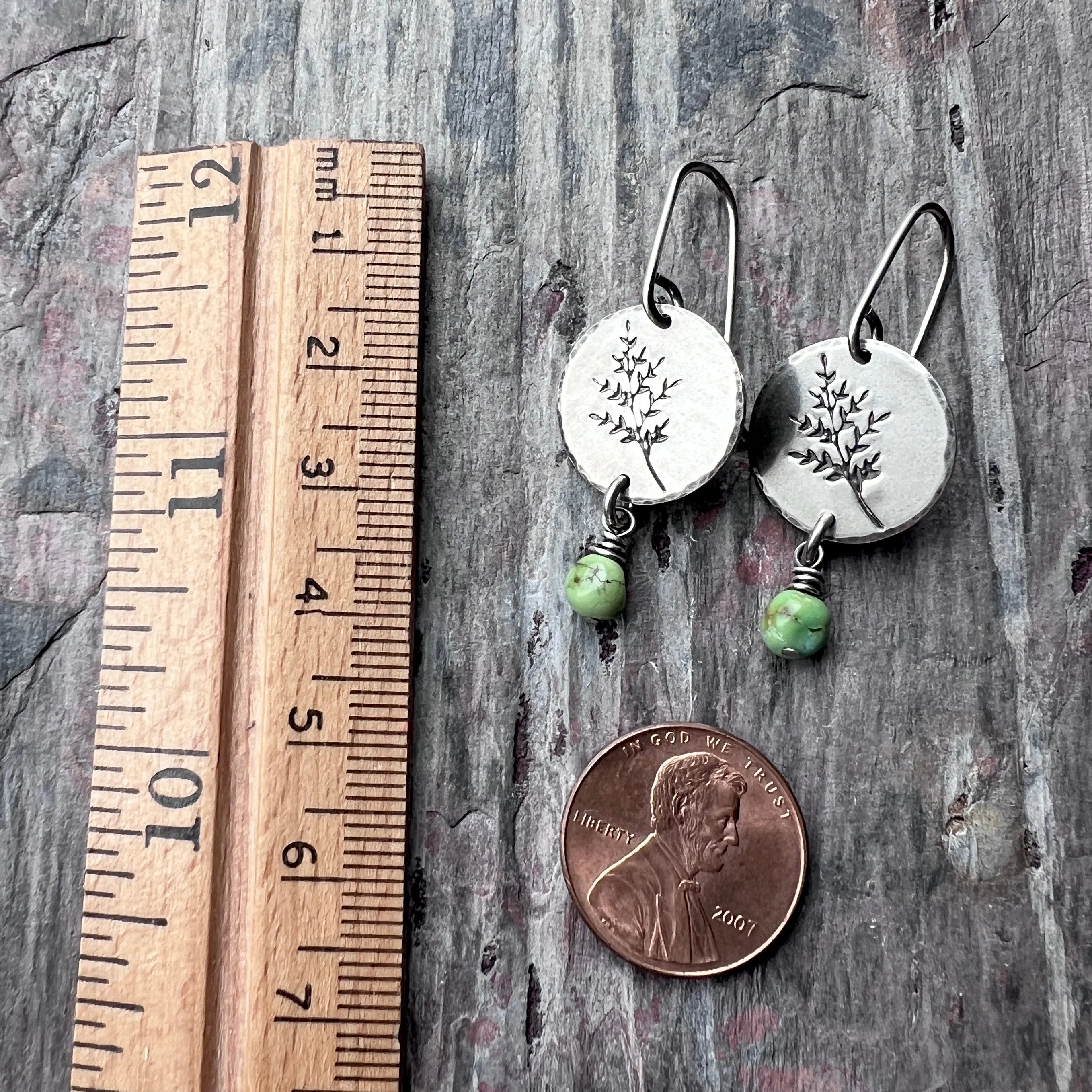 Sterling Silver Turquoise Earrings | Sprig Leaf Dangle Earrings with Genuine Turquoise Beads