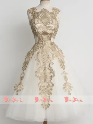Stunning Gold Lace Appliques Ivory Tulle Sleeveless Homecoming Dresses,BD0150