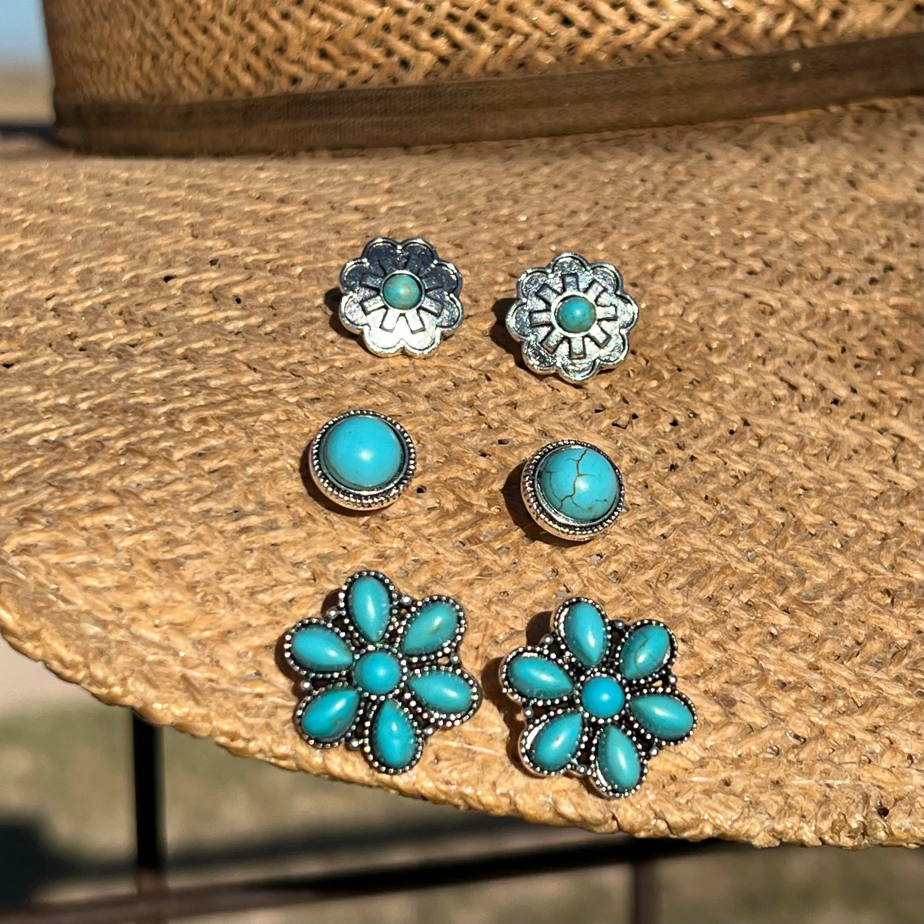 Turquoise Flowers Earrings- 3 Set