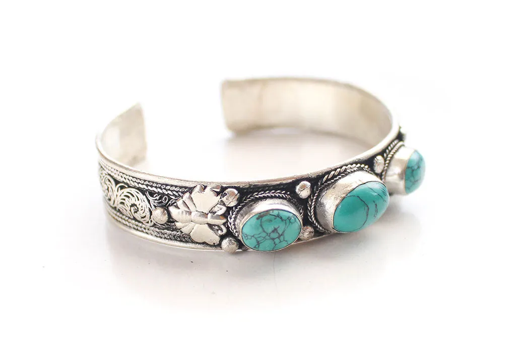 Turquoise Inlaid Filigree Pattern Tibetan White Metal Bracelet