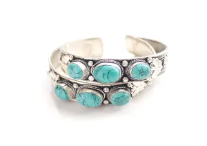 Turquoise Inlaid Filigree Pattern Tibetan White Metal Bracelet