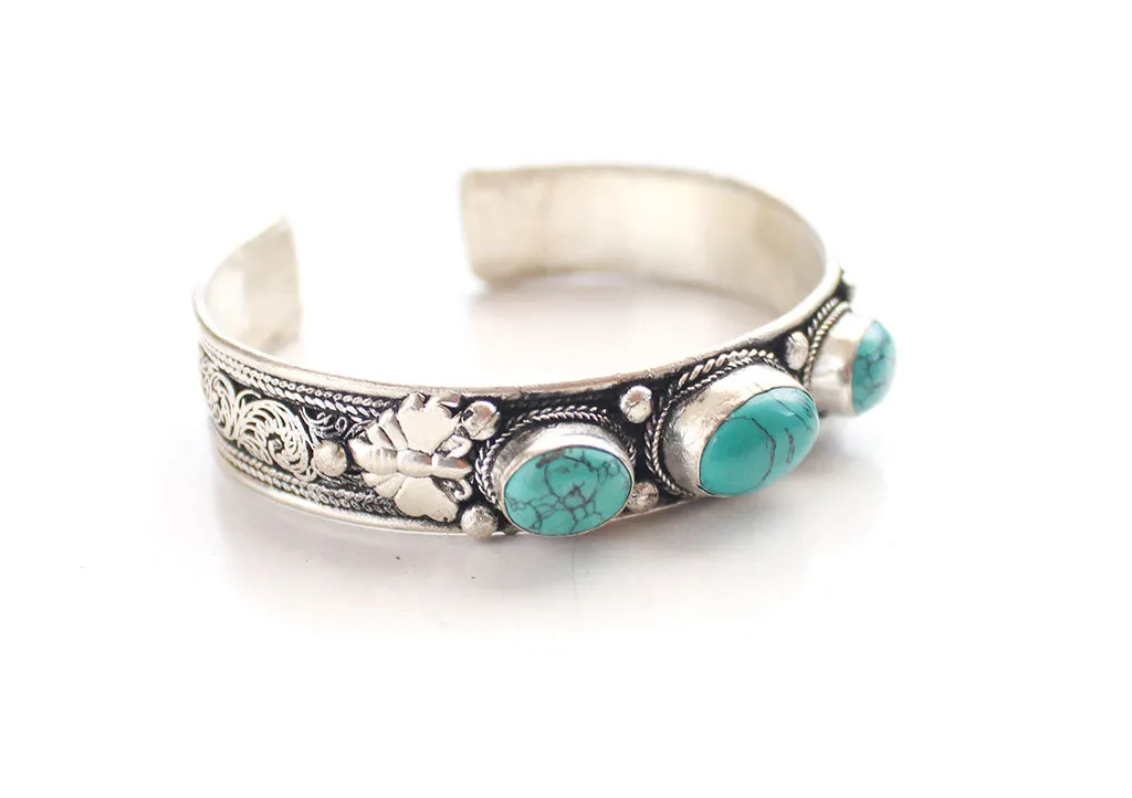 Turquoise Inlaid Filigree Pattern Tibetan White Metal Bracelet