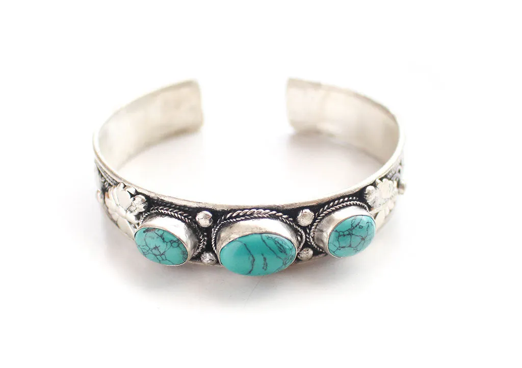 Turquoise Inlaid Filigree Pattern Tibetan White Metal Bracelet