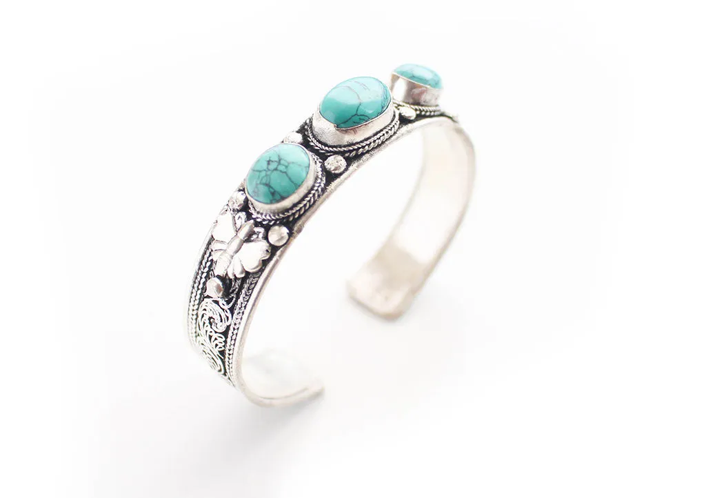 Turquoise Inlaid Filigree Pattern Tibetan White Metal Bracelet