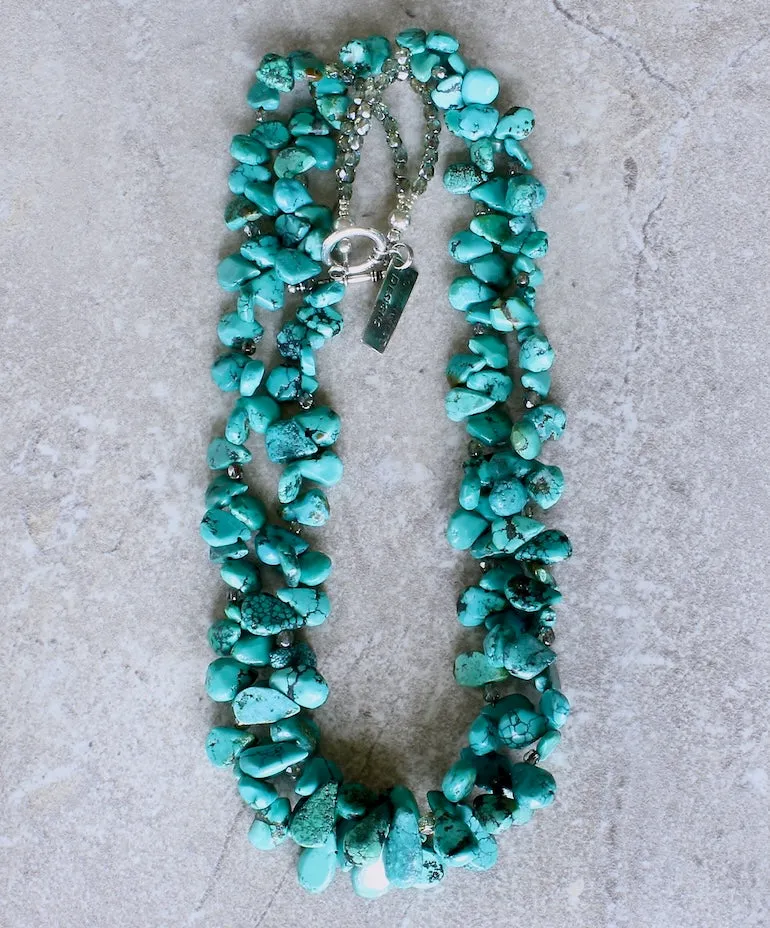 Turquoise Petal 2-Strand Necklace with Fire Polished Glass and Sterling Silver