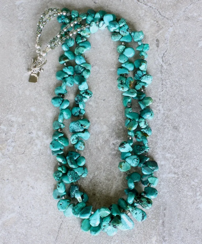 Turquoise Petal 2-Strand Necklace with Fire Polished Glass and Sterling Silver