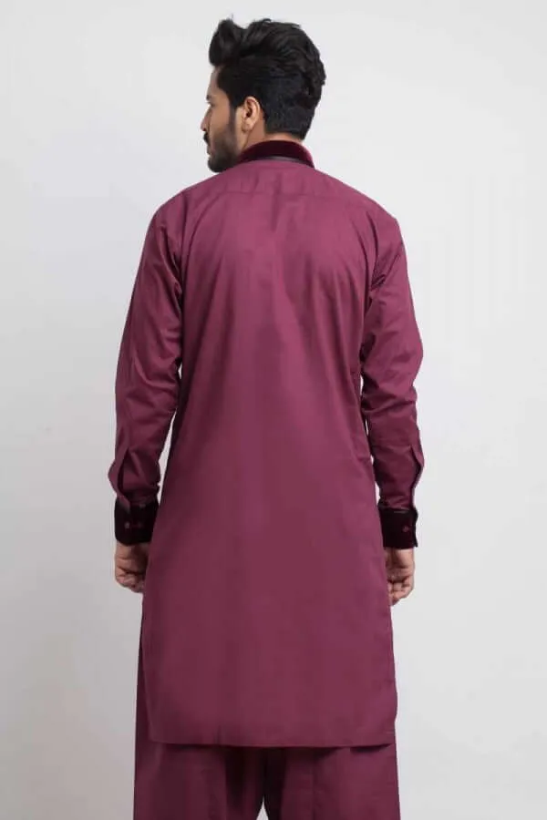 Velvet-Detailed Maroon Soft Cotton Shalwar Kameez