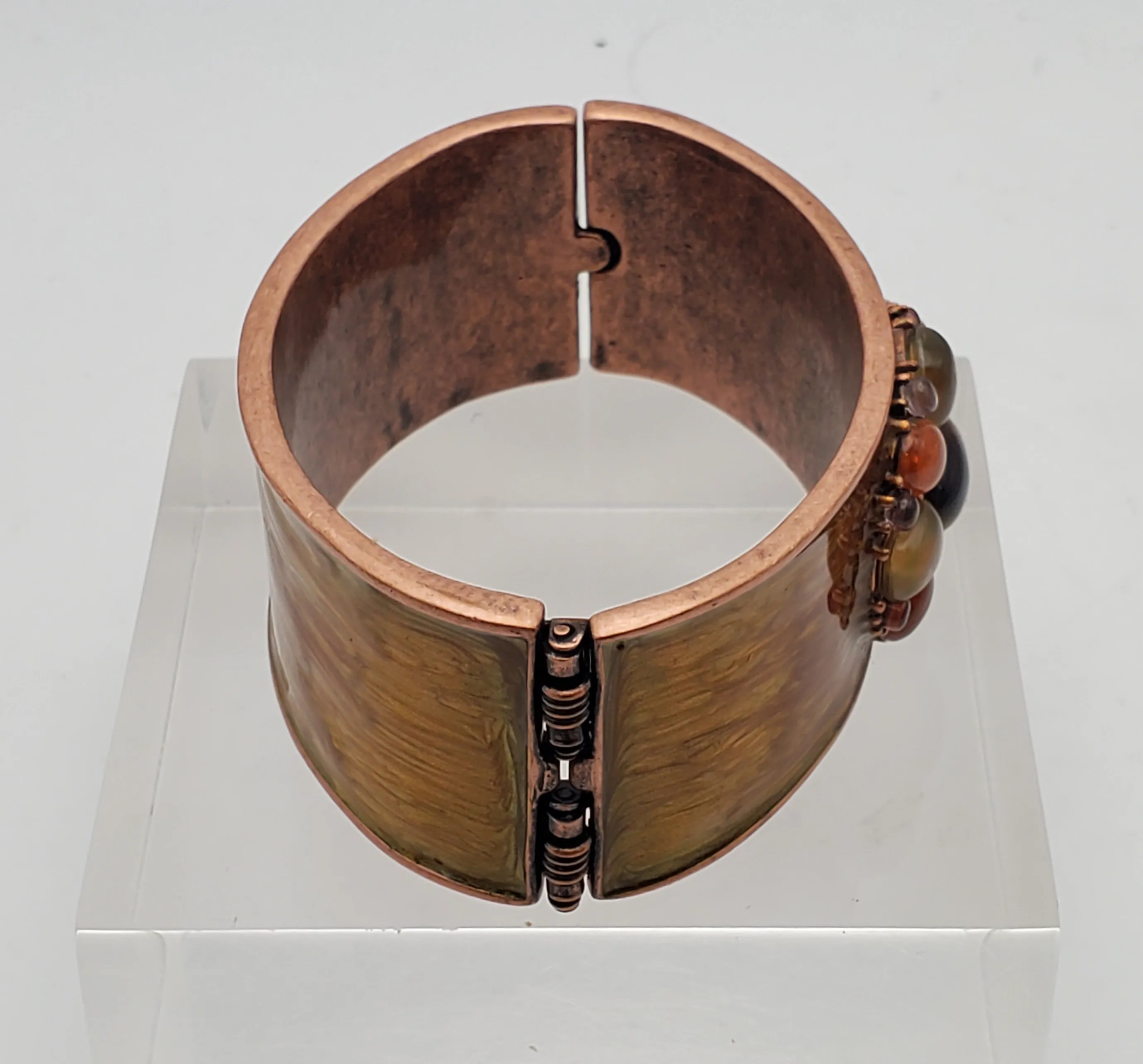 Vintage Copper Hinged Wide Cuff Enameled Bracelet