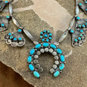 Vintage Navajo Turquoise Silver Squash Blossom Necklace - Estate Jewelry