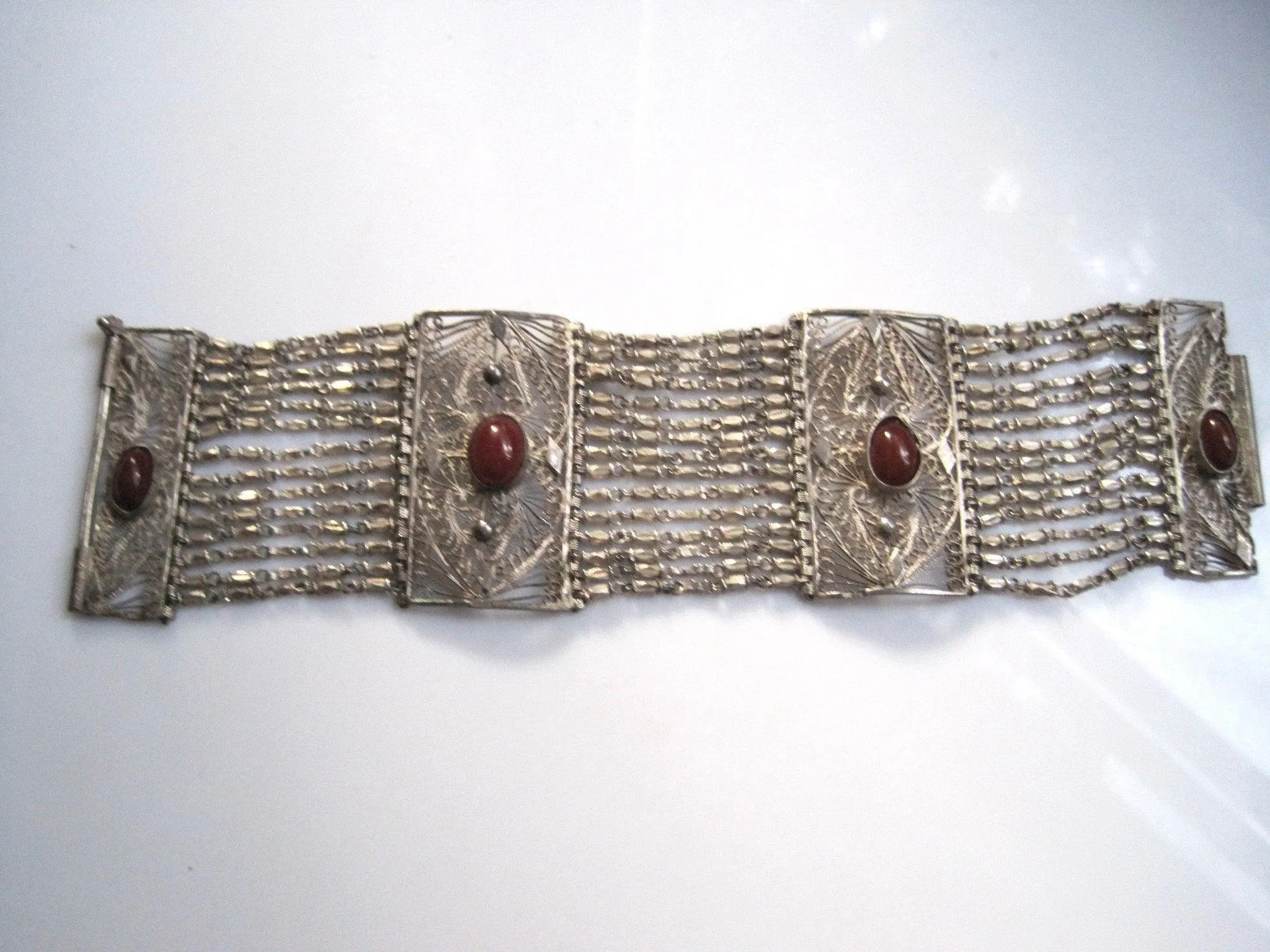 Vintage Silver and Carnelian Egyptian Link Bracelet from the 1930s