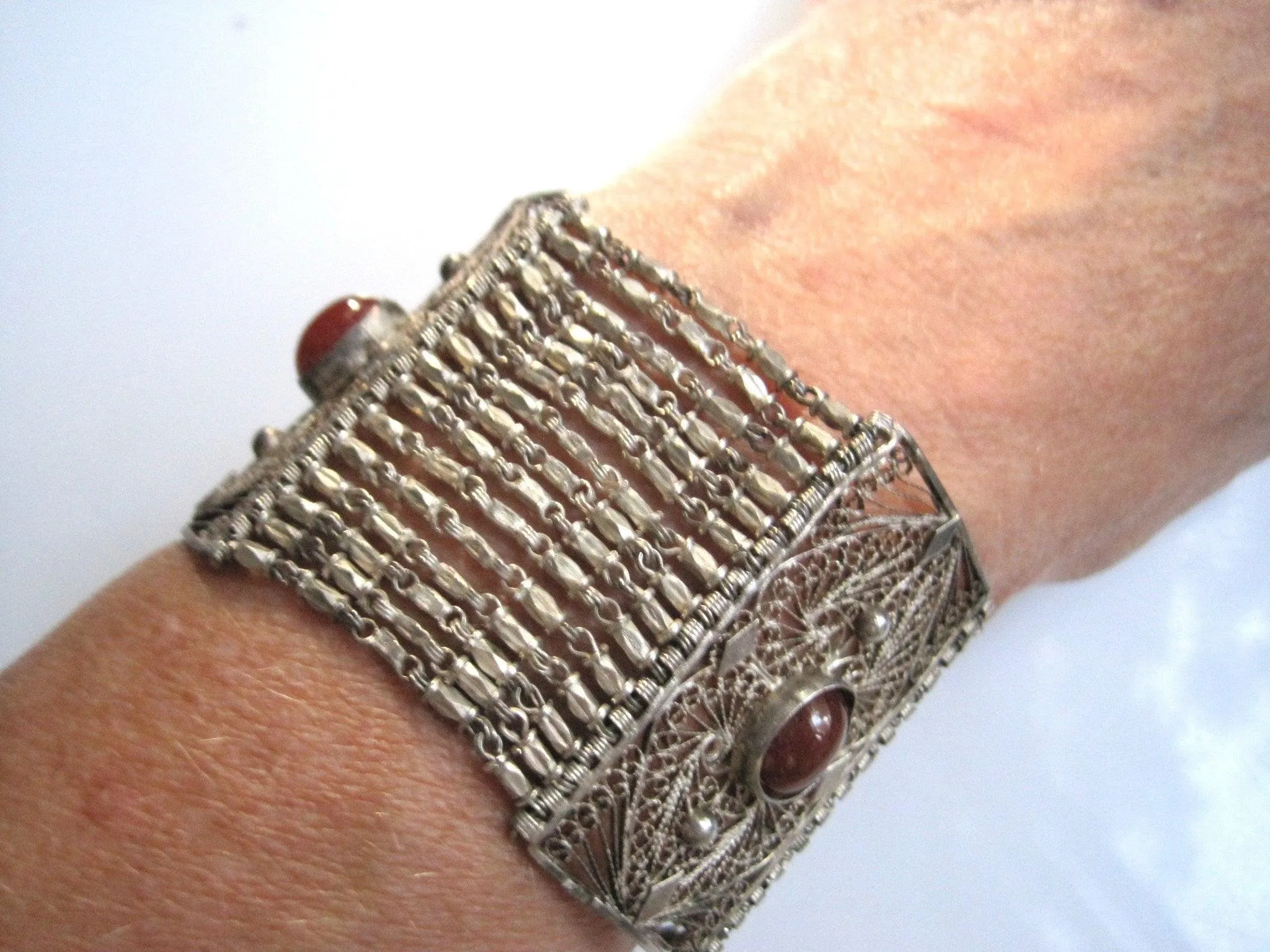 Vintage Silver and Carnelian Egyptian Link Bracelet from the 1930s