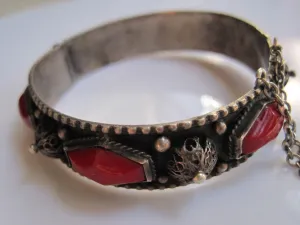 Vintage Silver Hinged North African Berber Bracelet with Red Stones