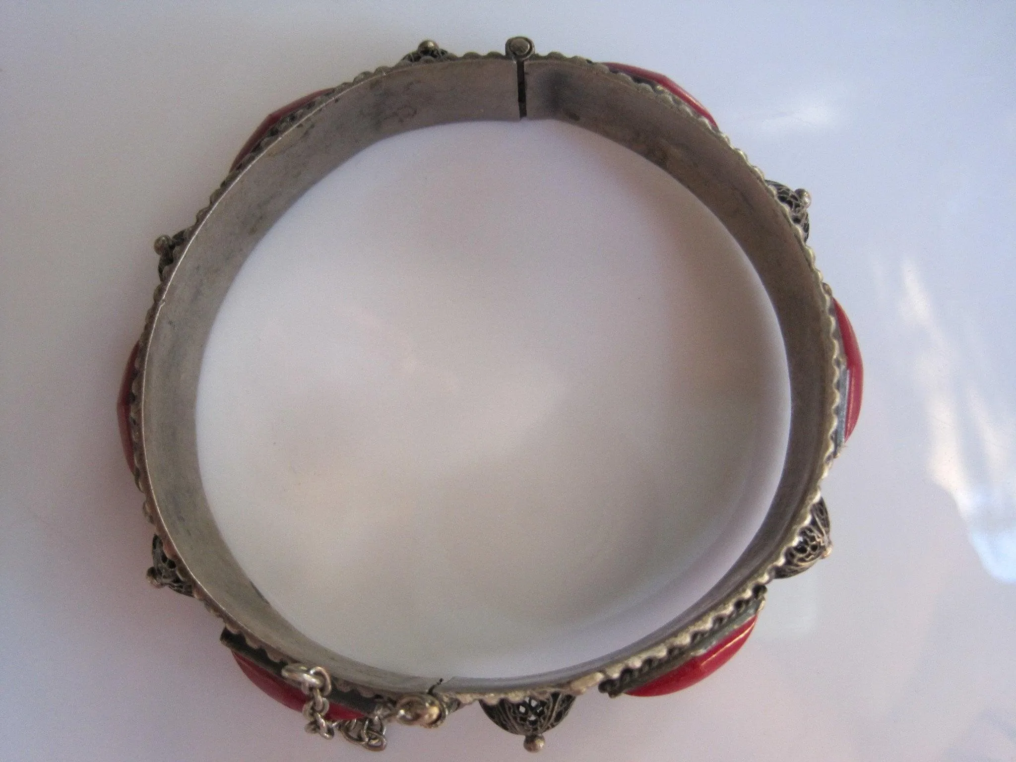 Vintage Silver Hinged North African Berber Bracelet with Red Stones