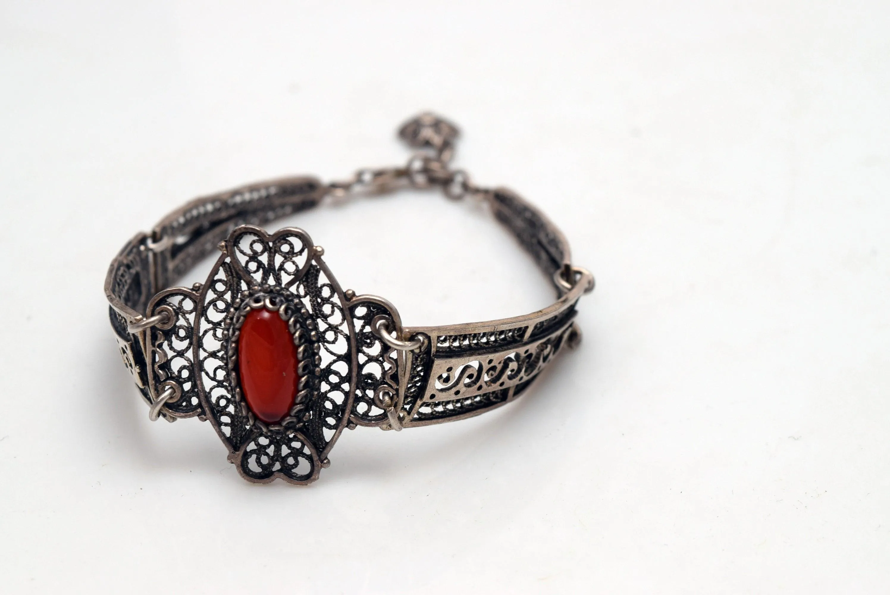 Vintage Sterling Silver Filigree Greek or Balkan Panel Bracelet with Brown Cabochon