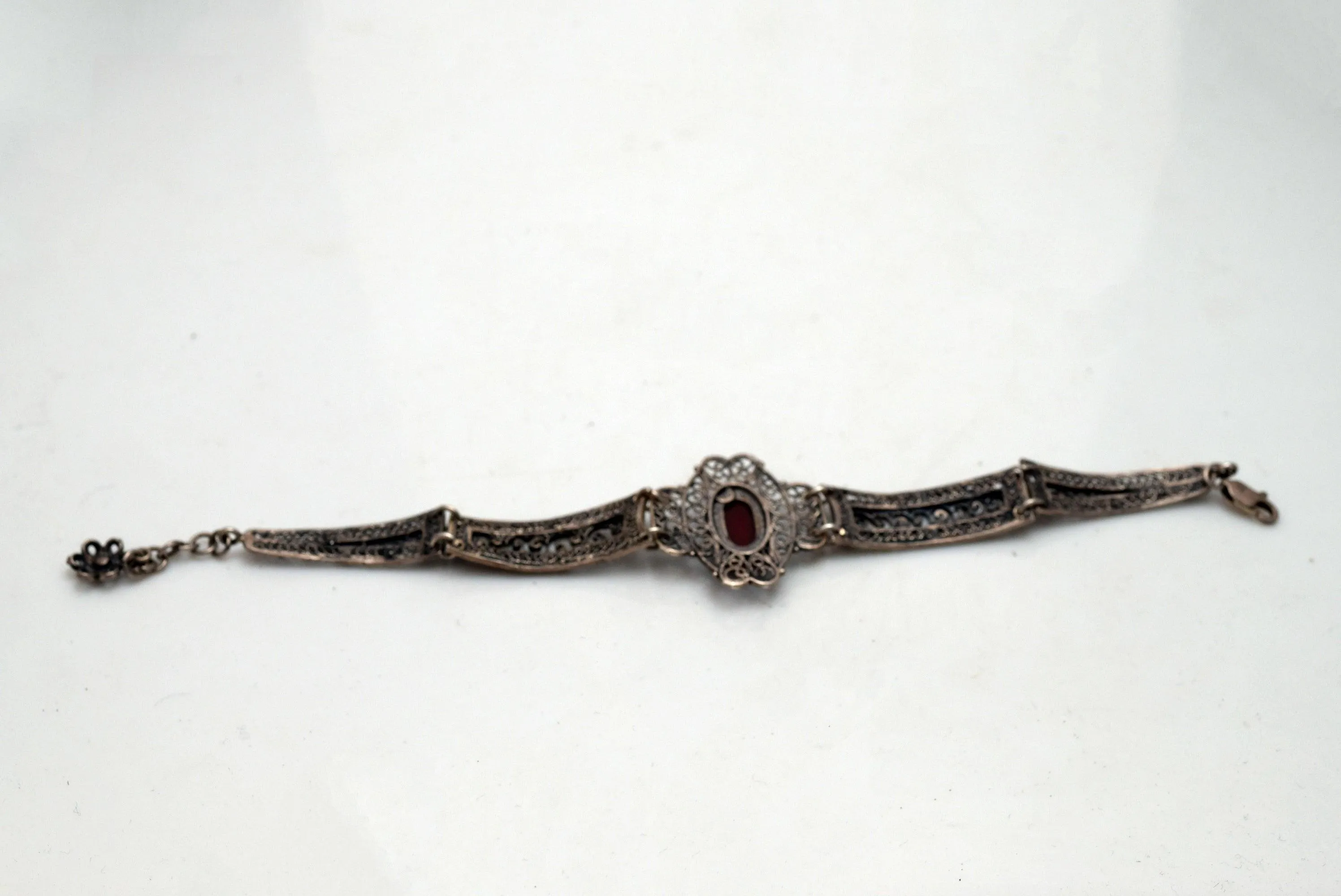 Vintage Sterling Silver Filigree Greek or Balkan Panel Bracelet with Brown Cabochon