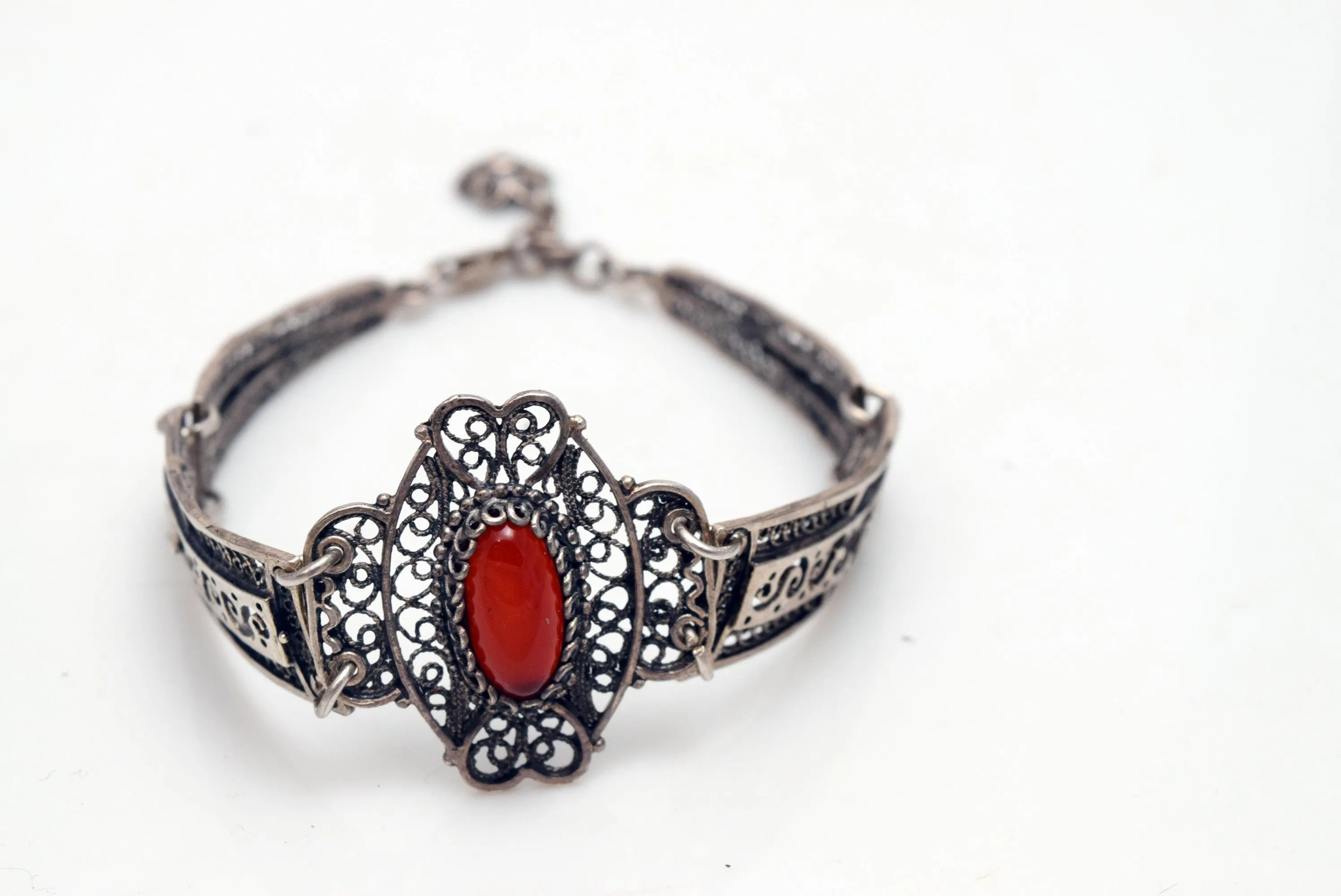 Vintage Sterling Silver Filigree Greek or Balkan Panel Bracelet with Brown Cabochon