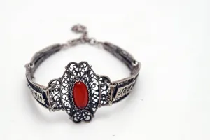 Vintage Sterling Silver Filigree Greek or Balkan Panel Bracelet with Brown Cabochon
