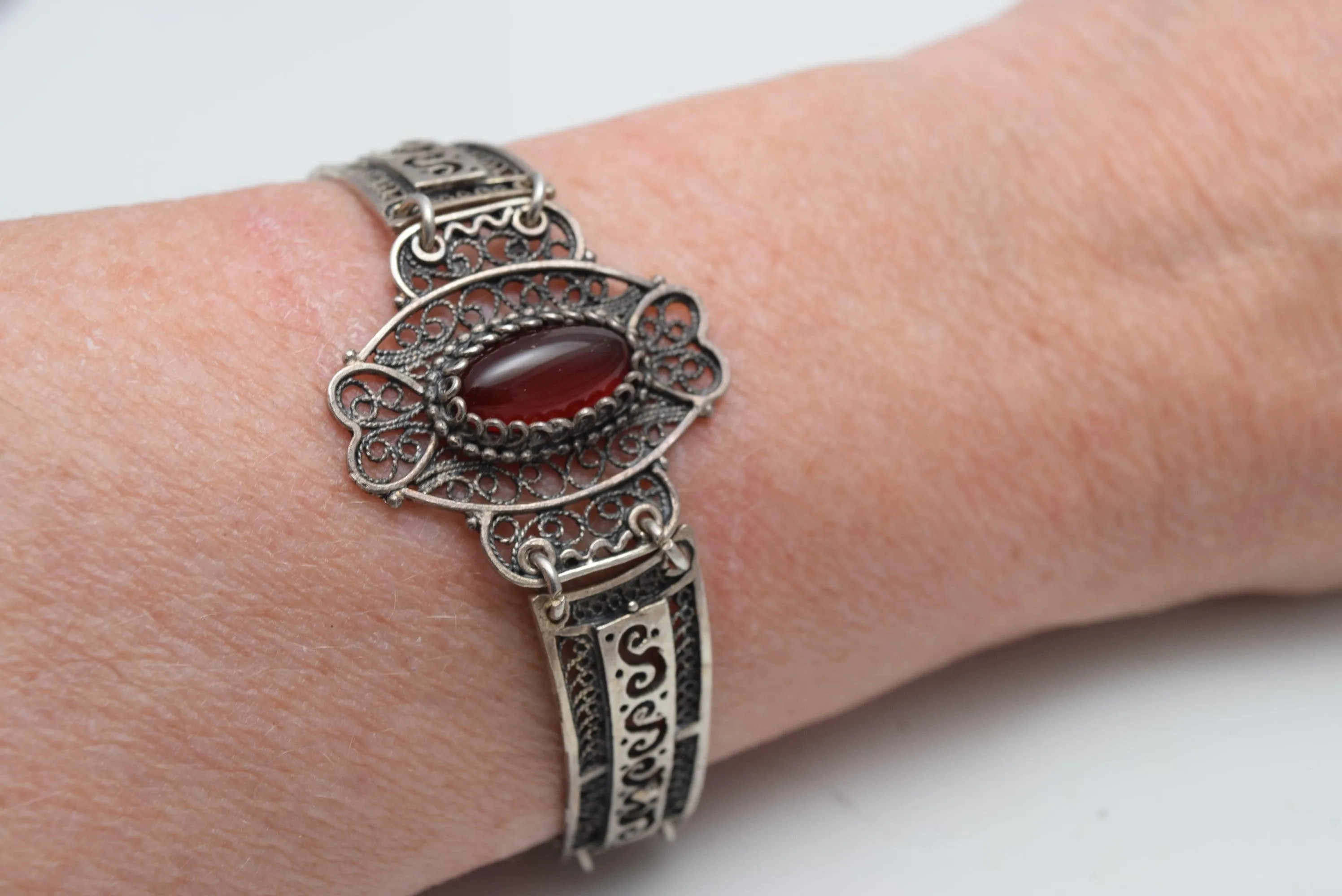 Vintage Sterling Silver Filigree Greek or Balkan Panel Bracelet with Brown Cabochon