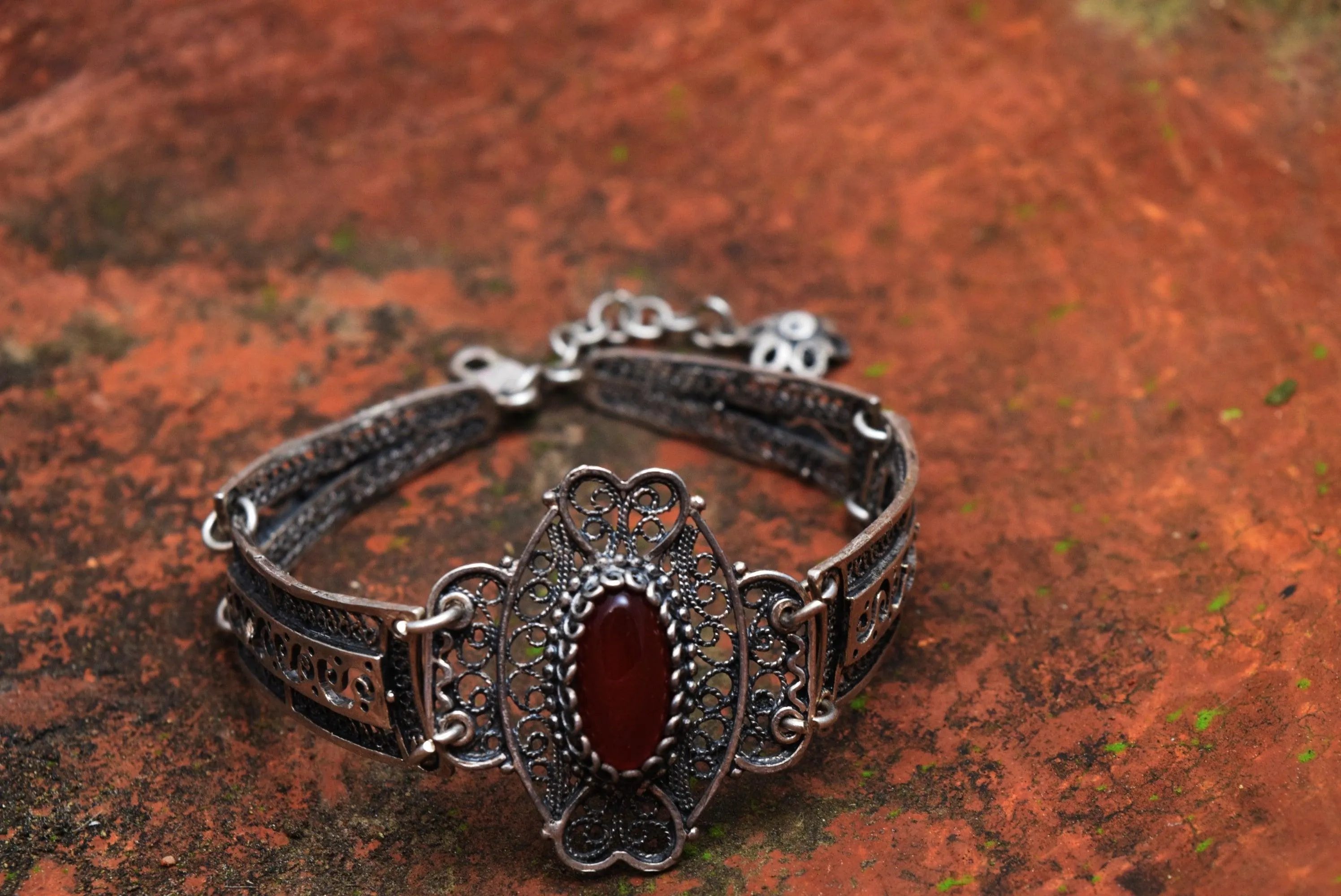 Vintage Sterling Silver Filigree Greek or Balkan Panel Bracelet with Brown Cabochon