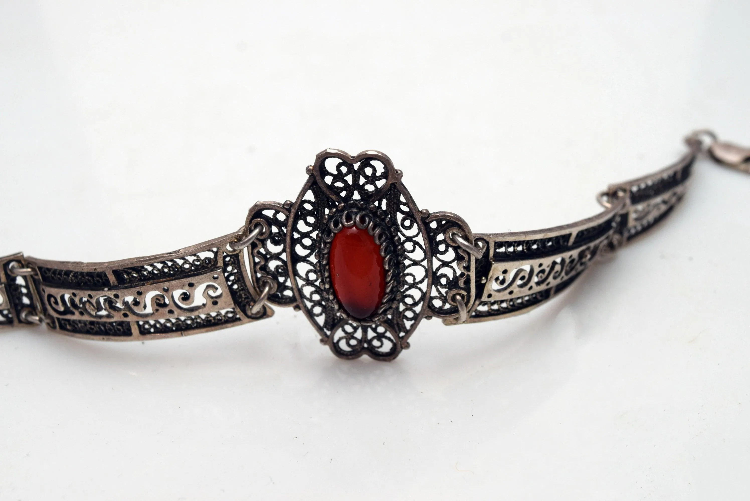 Vintage Sterling Silver Filigree Greek or Balkan Panel Bracelet with Brown Cabochon