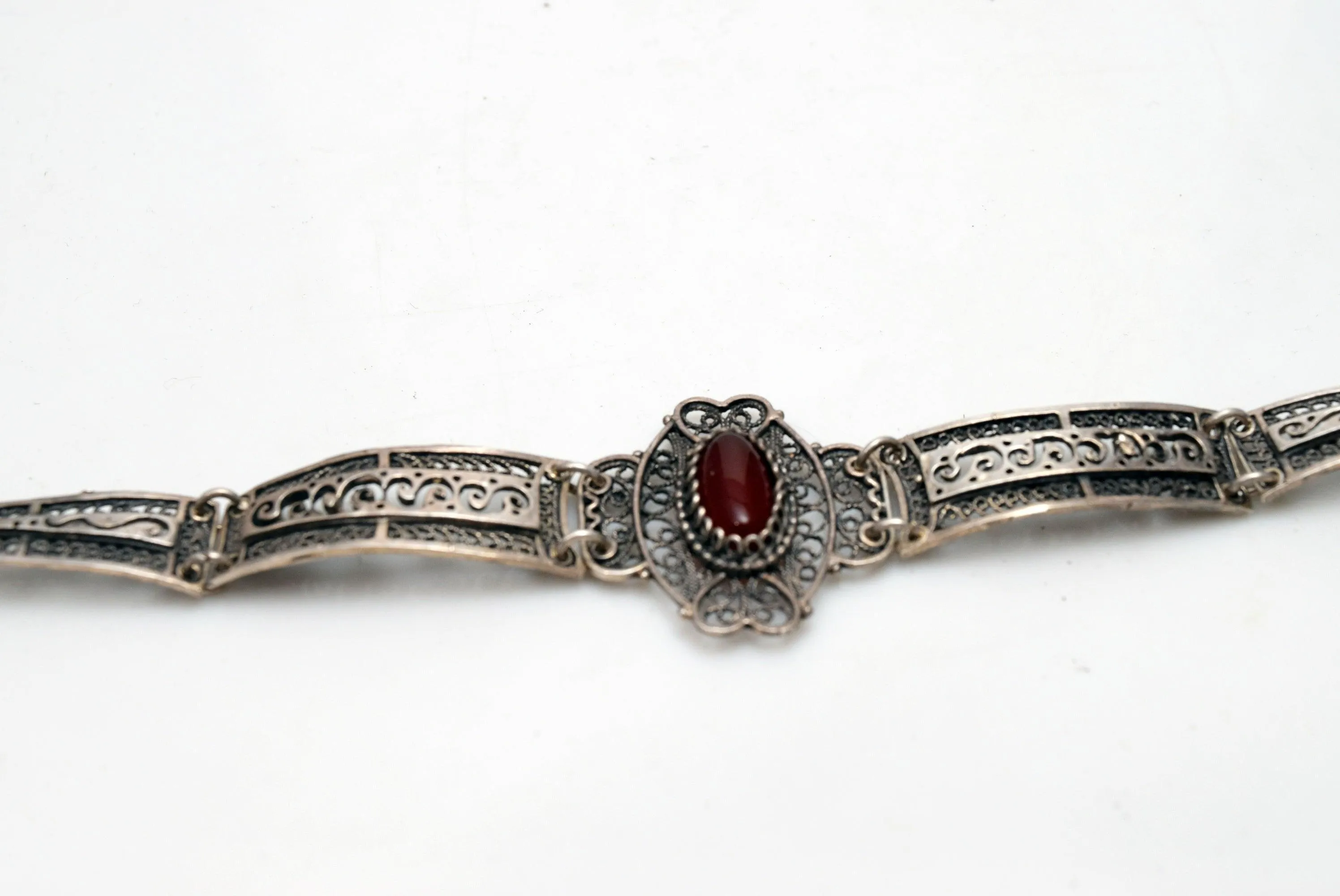 Vintage Sterling Silver Filigree Greek or Balkan Panel Bracelet with Brown Cabochon