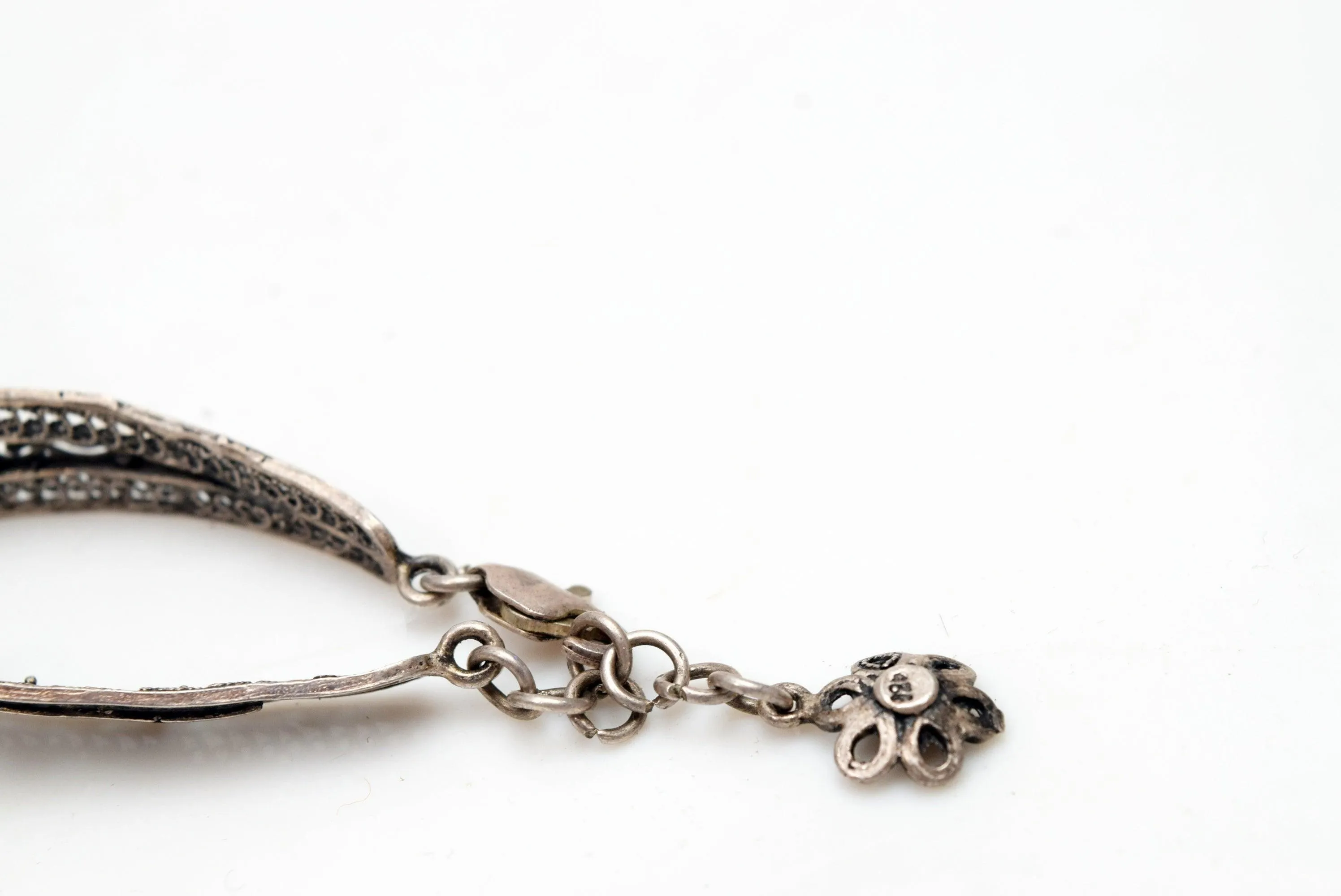 Vintage Sterling Silver Filigree Greek or Balkan Panel Bracelet with Brown Cabochon