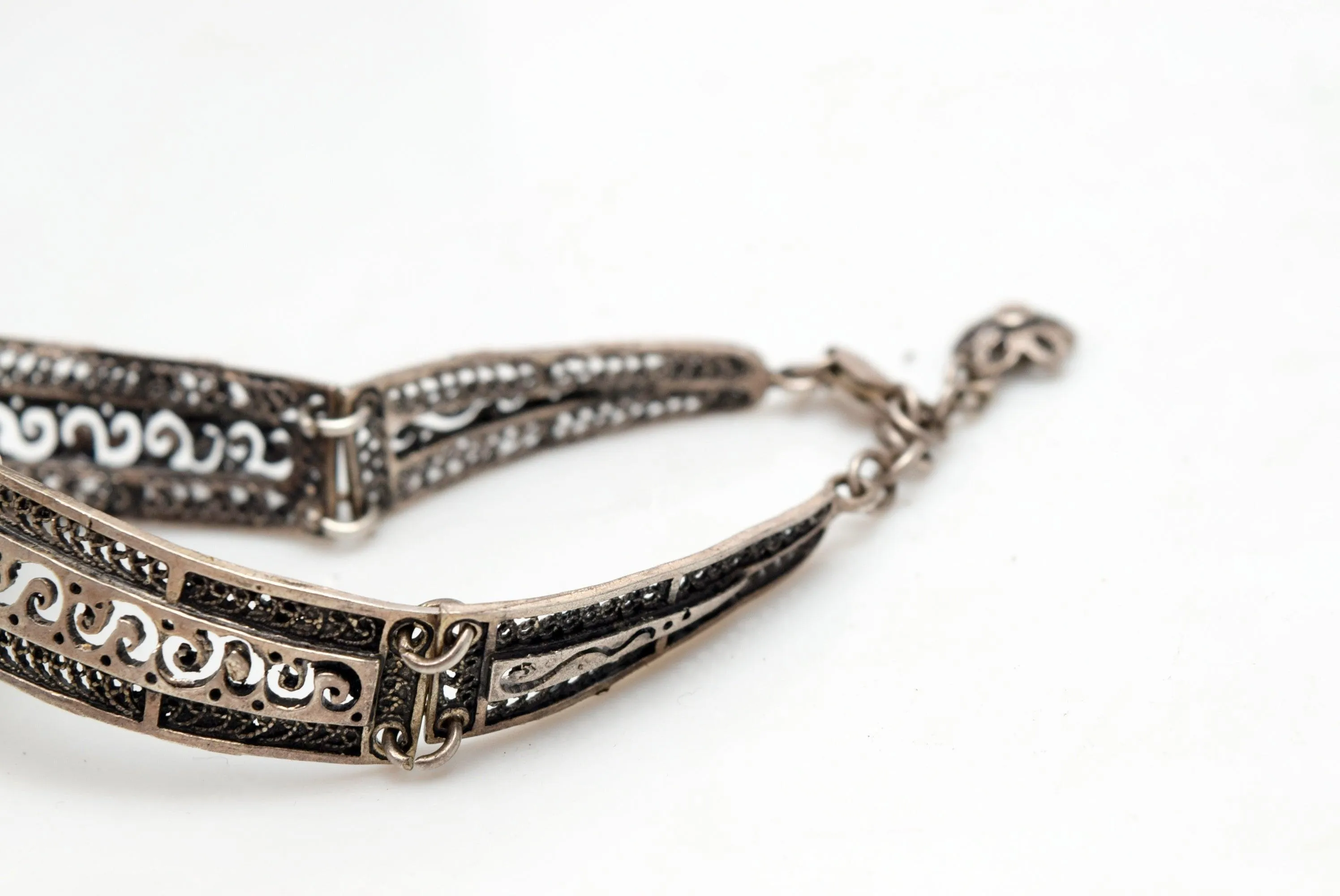 Vintage Sterling Silver Filigree Greek or Balkan Panel Bracelet with Brown Cabochon