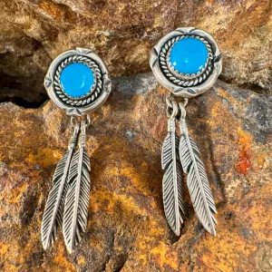 Vintage Sterling Silver Turquoise Earrings with Feather Drops - Estate