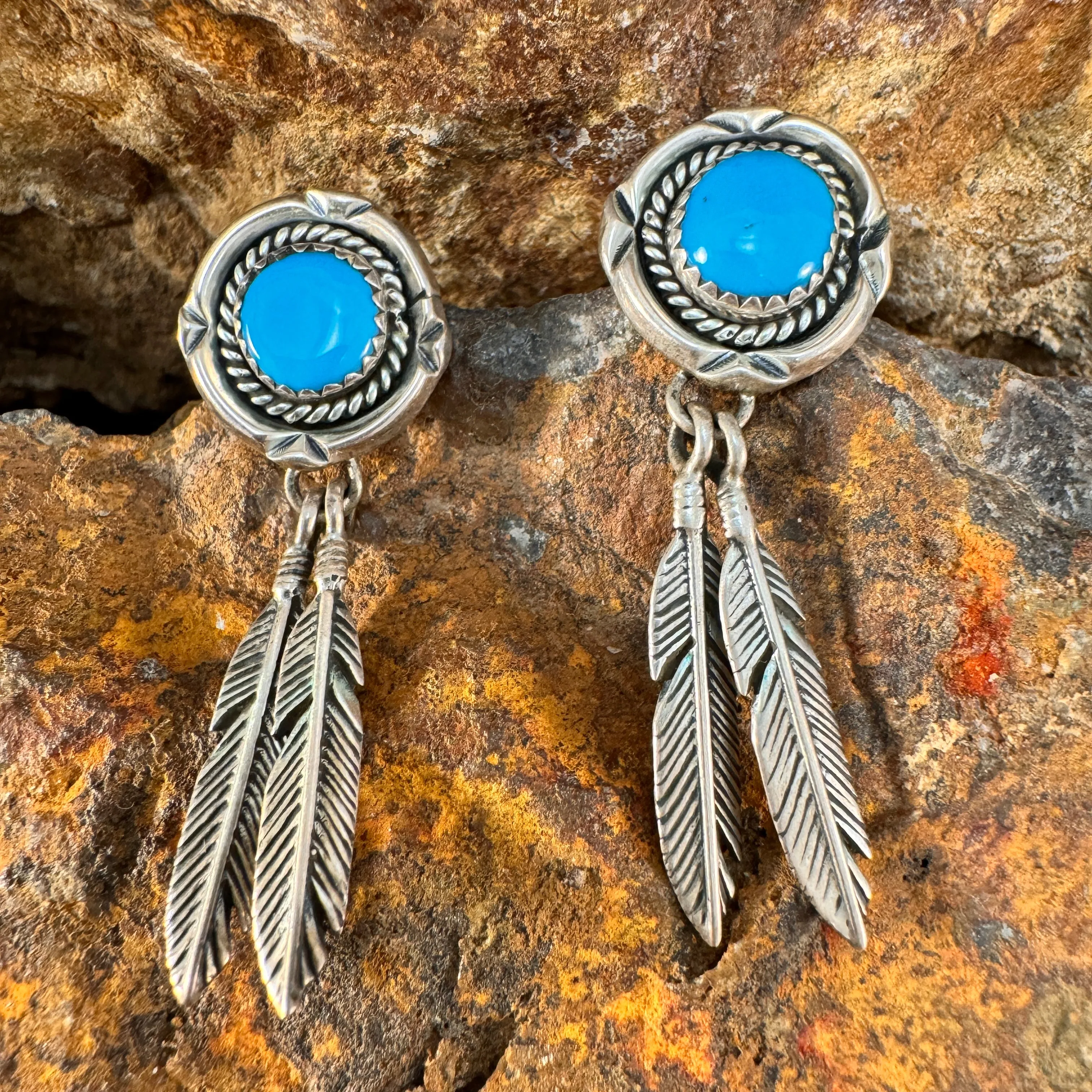 Vintage Sterling Silver Turquoise Earrings with Feather Drops - Estate