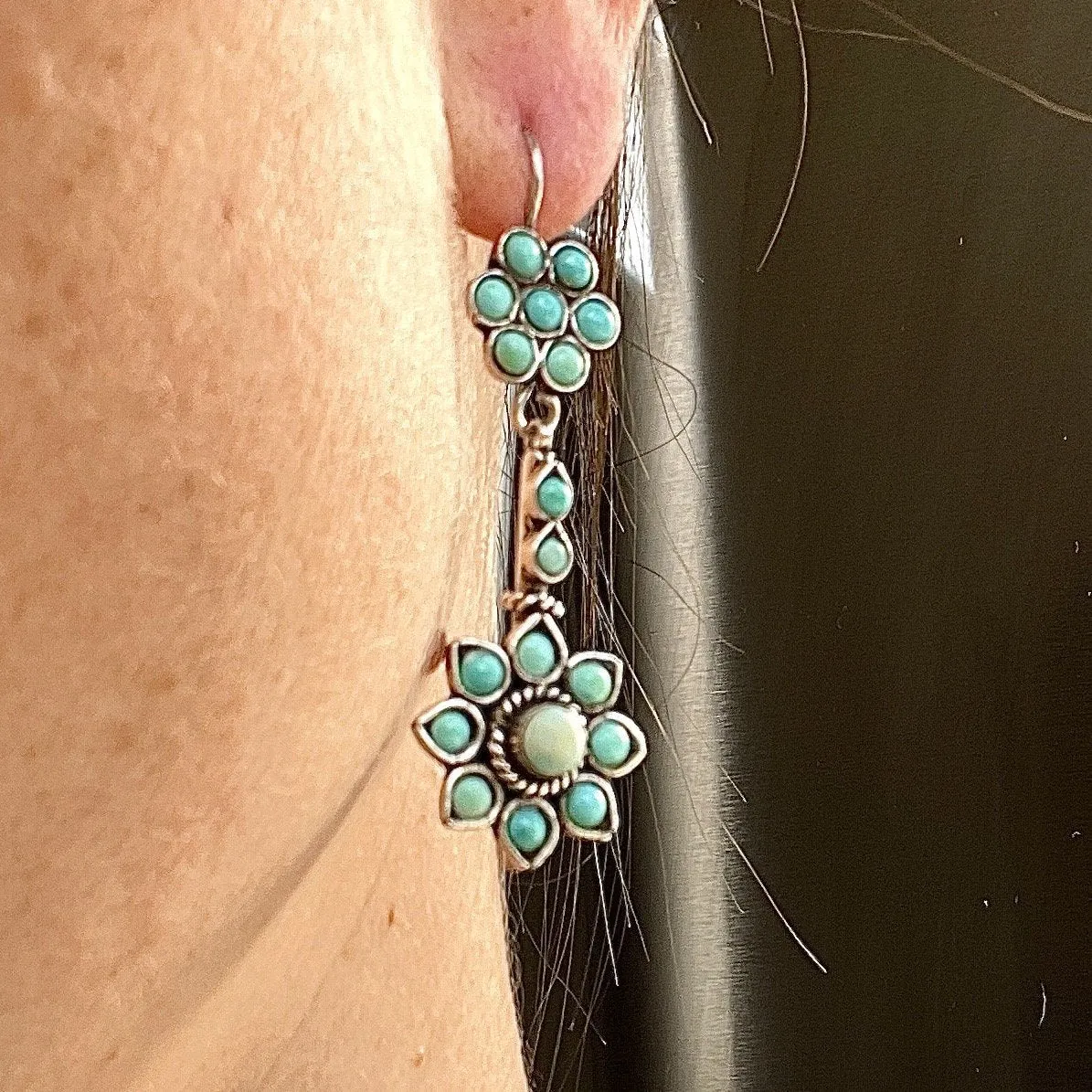 Vintage Sterling Silver Turquoise Flower Drop Earrings