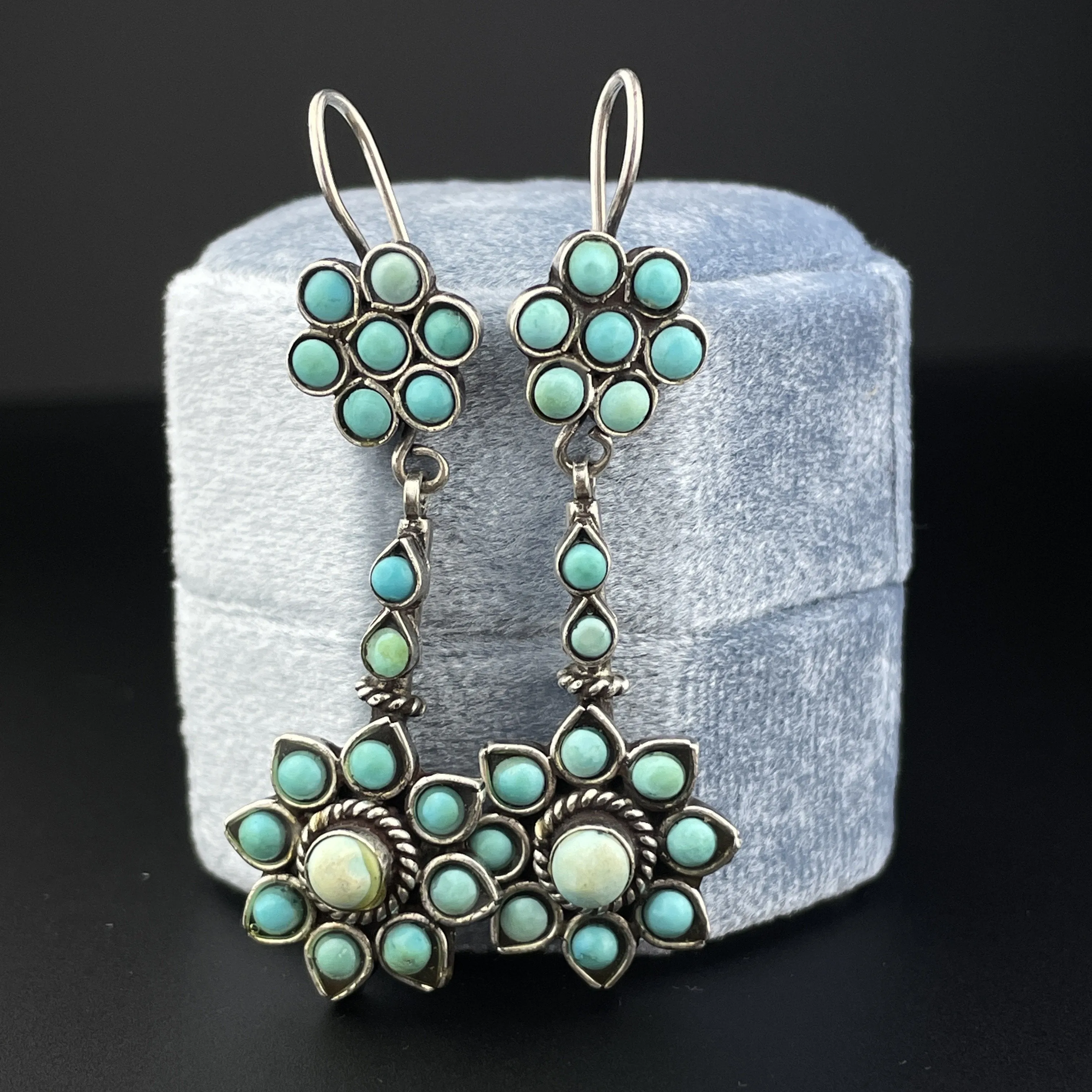 Vintage Sterling Silver Turquoise Flower Drop Earrings