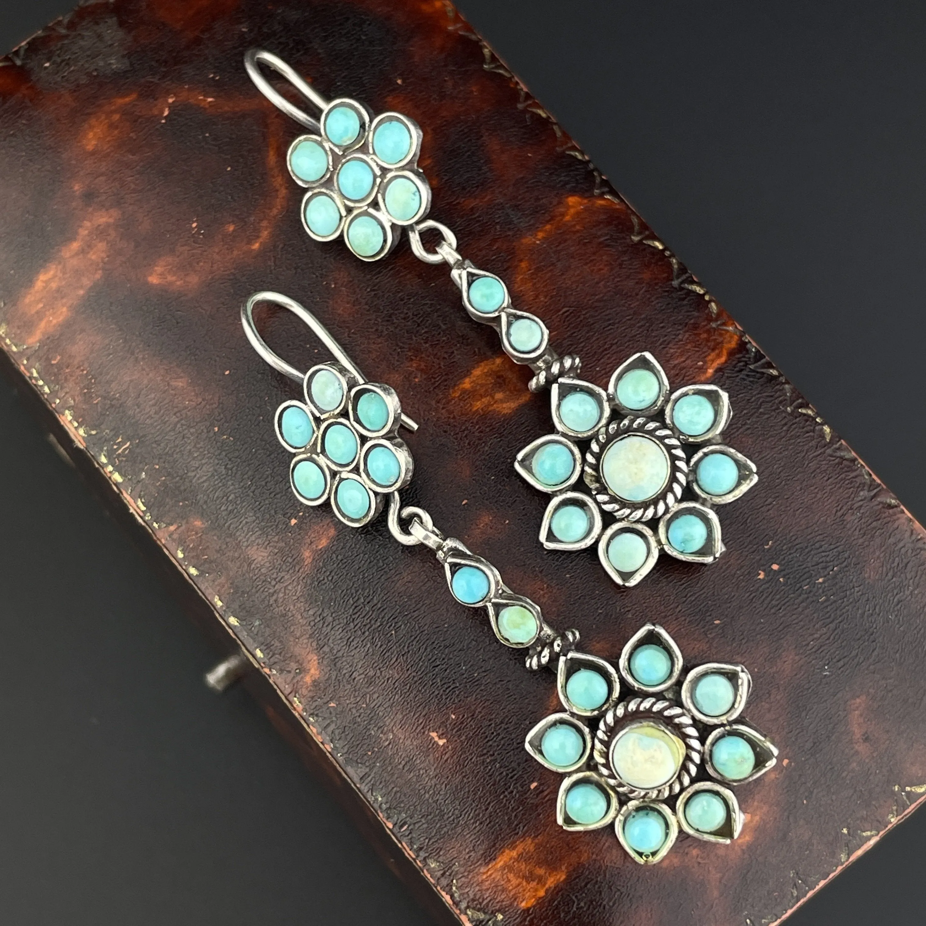 Vintage Sterling Silver Turquoise Flower Drop Earrings