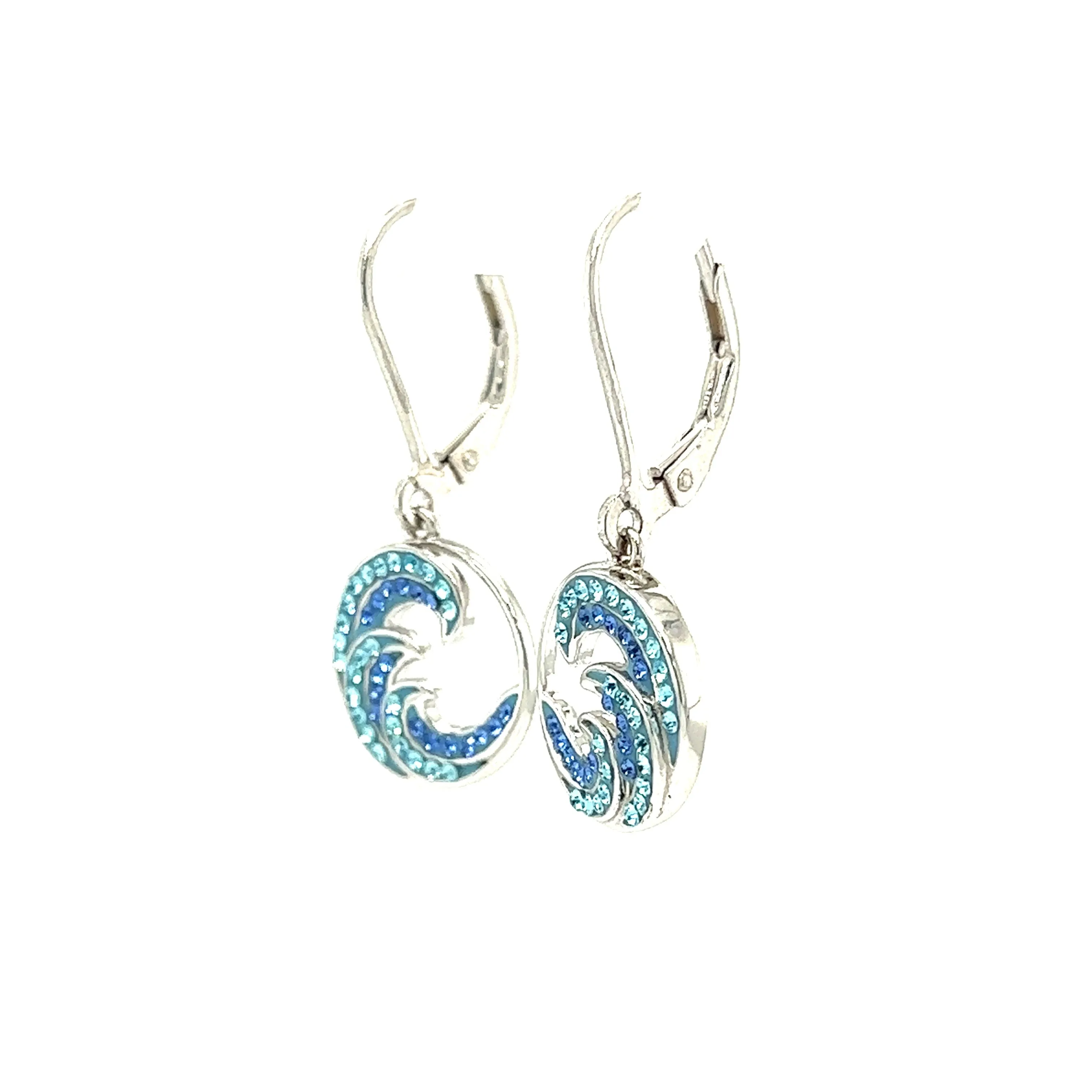 Wave Dangle Earrings with Blue and Aqua Crystals in Sterling Silver