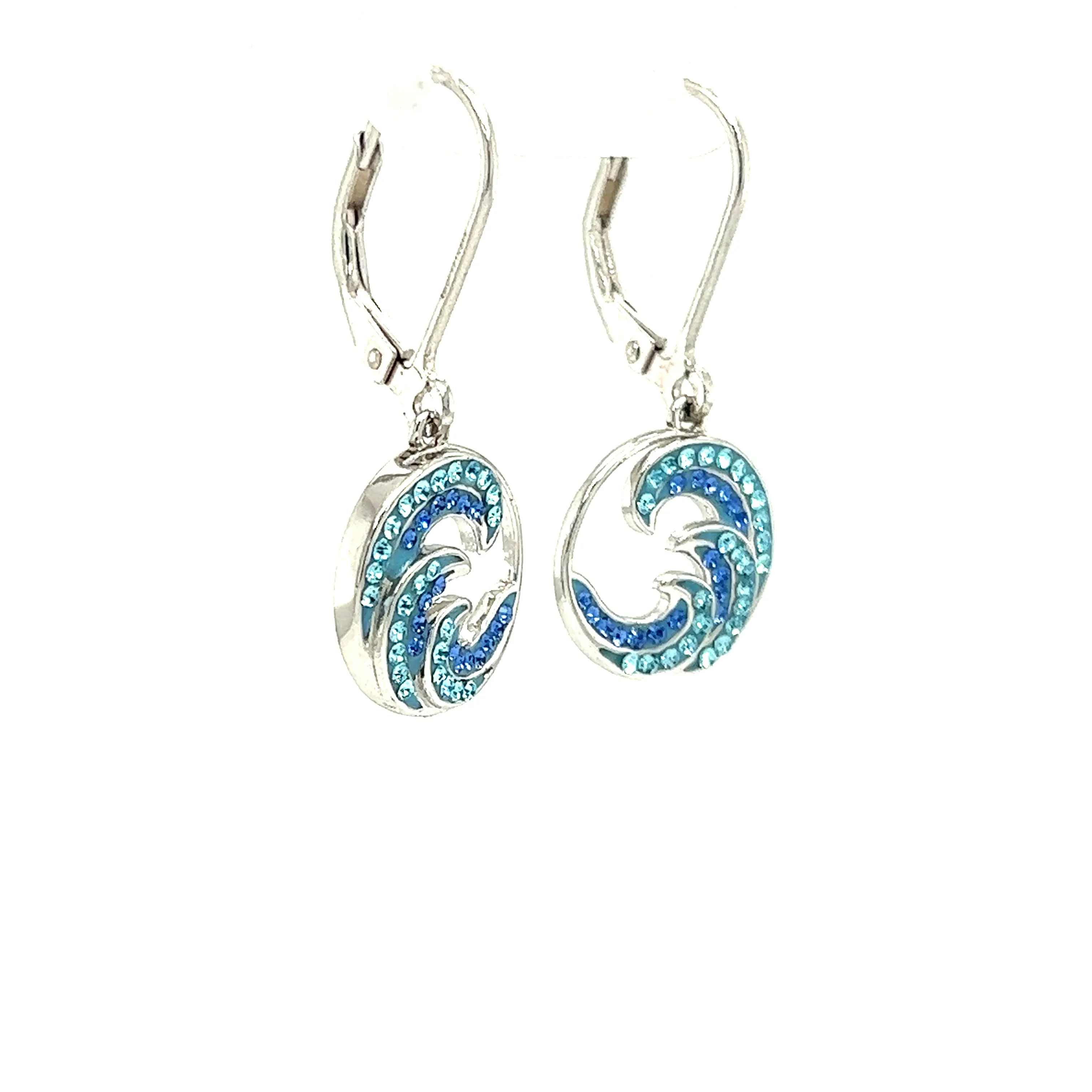 Wave Dangle Earrings with Blue and Aqua Crystals in Sterling Silver