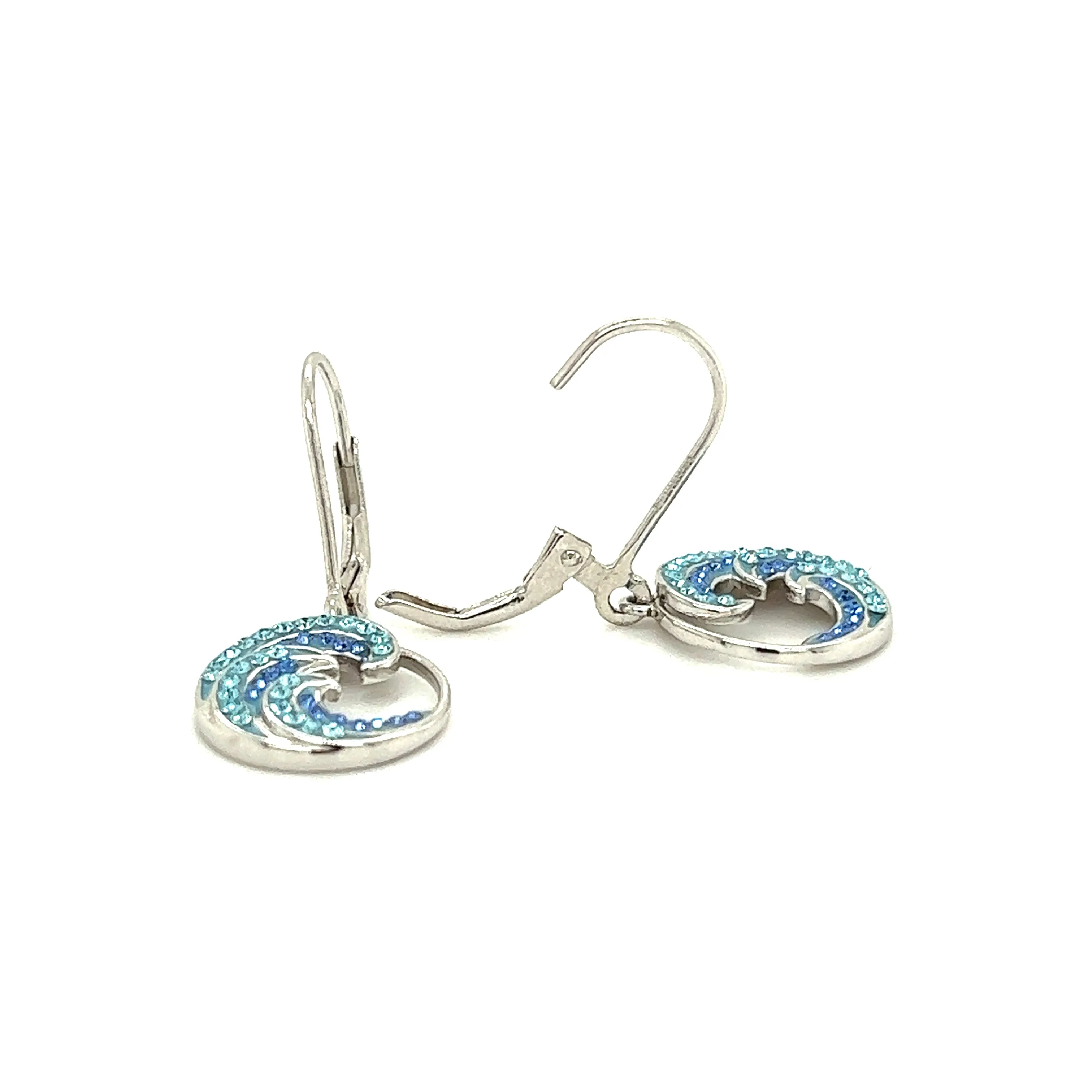 Wave Dangle Earrings with Blue and Aqua Crystals in Sterling Silver