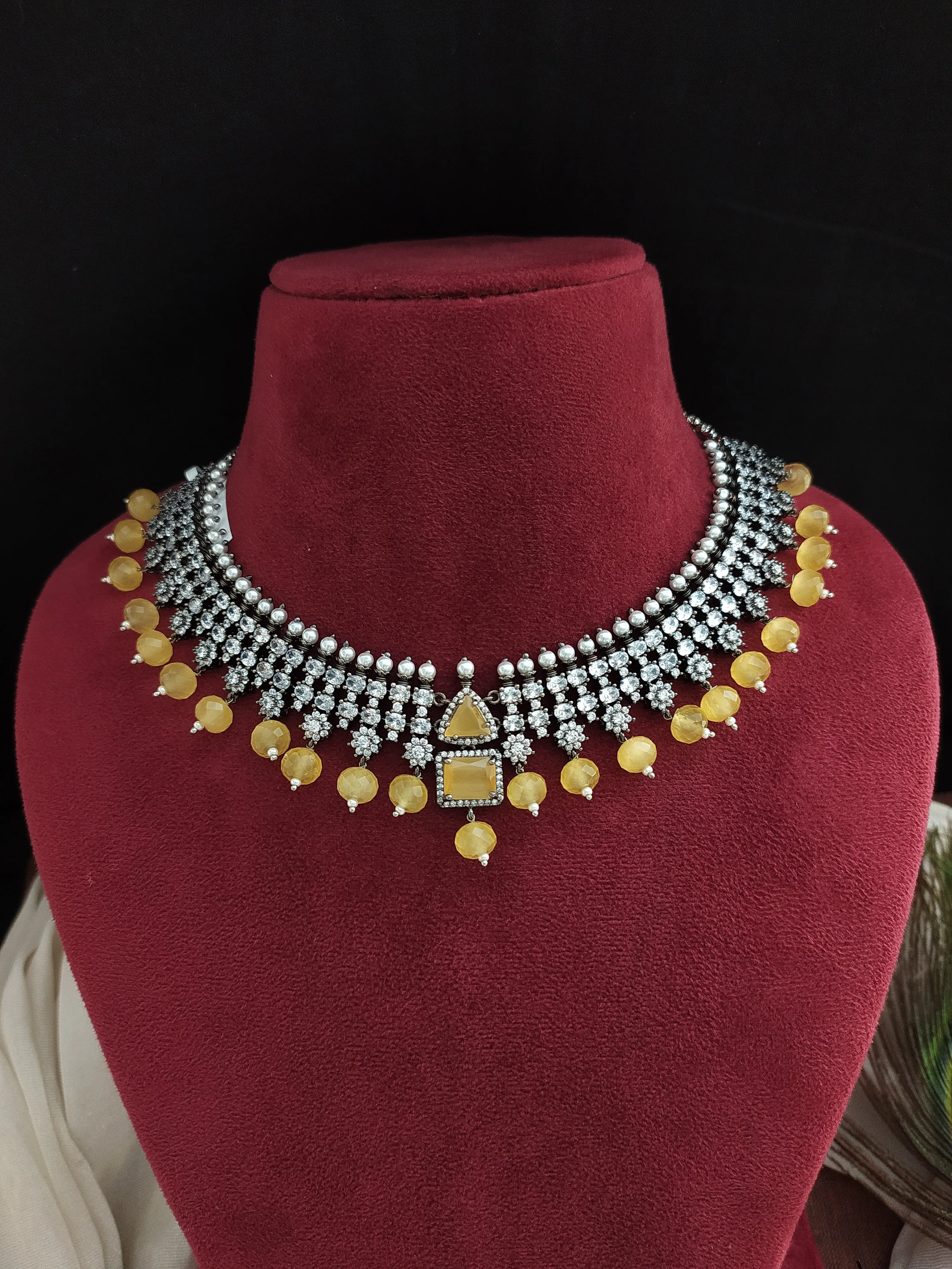 Zircon necklace with beautiful beads dangling Having Victorian Polish